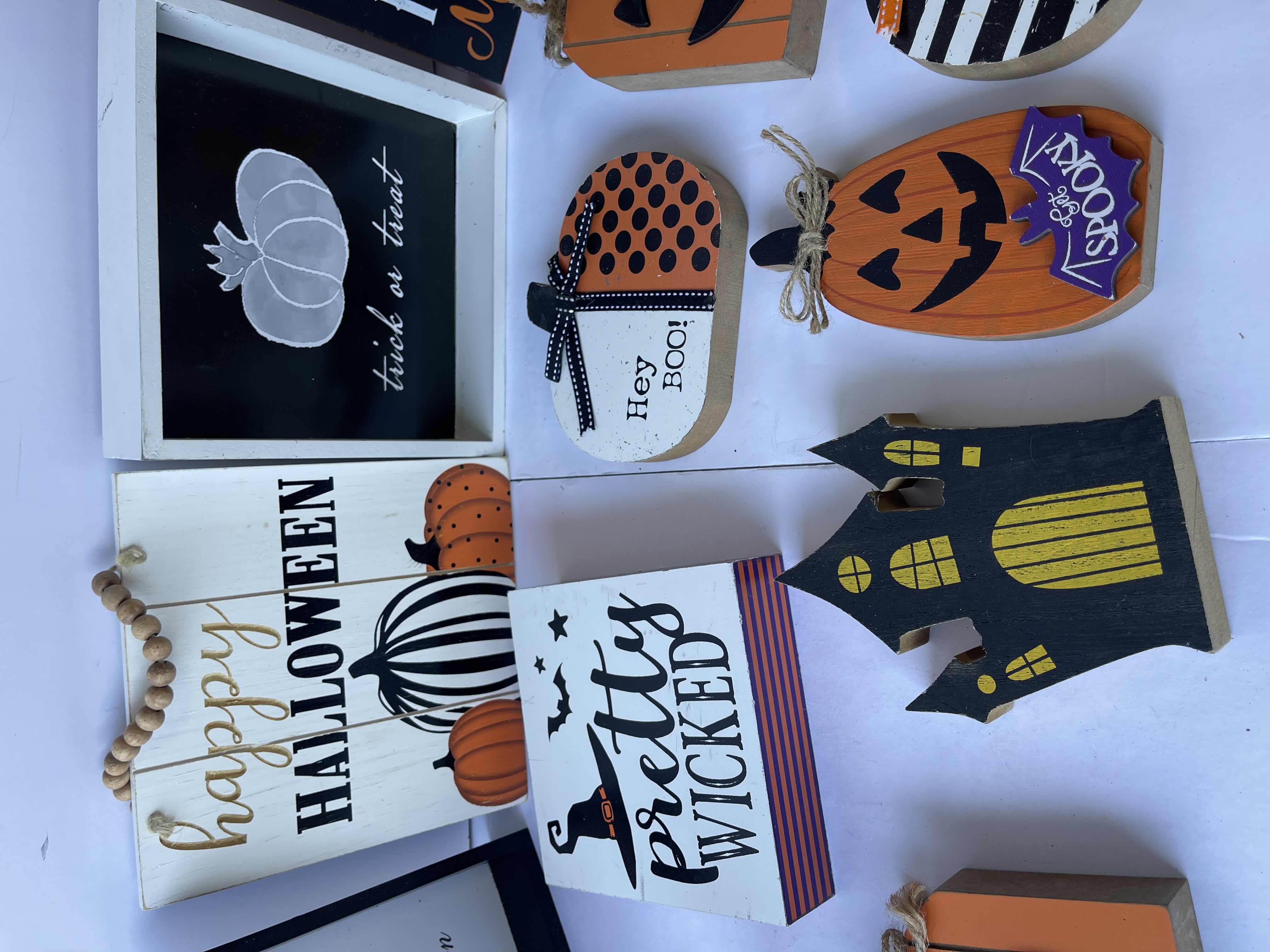 Photo 1 of HALLOWEEN TABLE TOP WOODEN DECOR ASSORTMENT (12 PIECES) TALLEST H8”