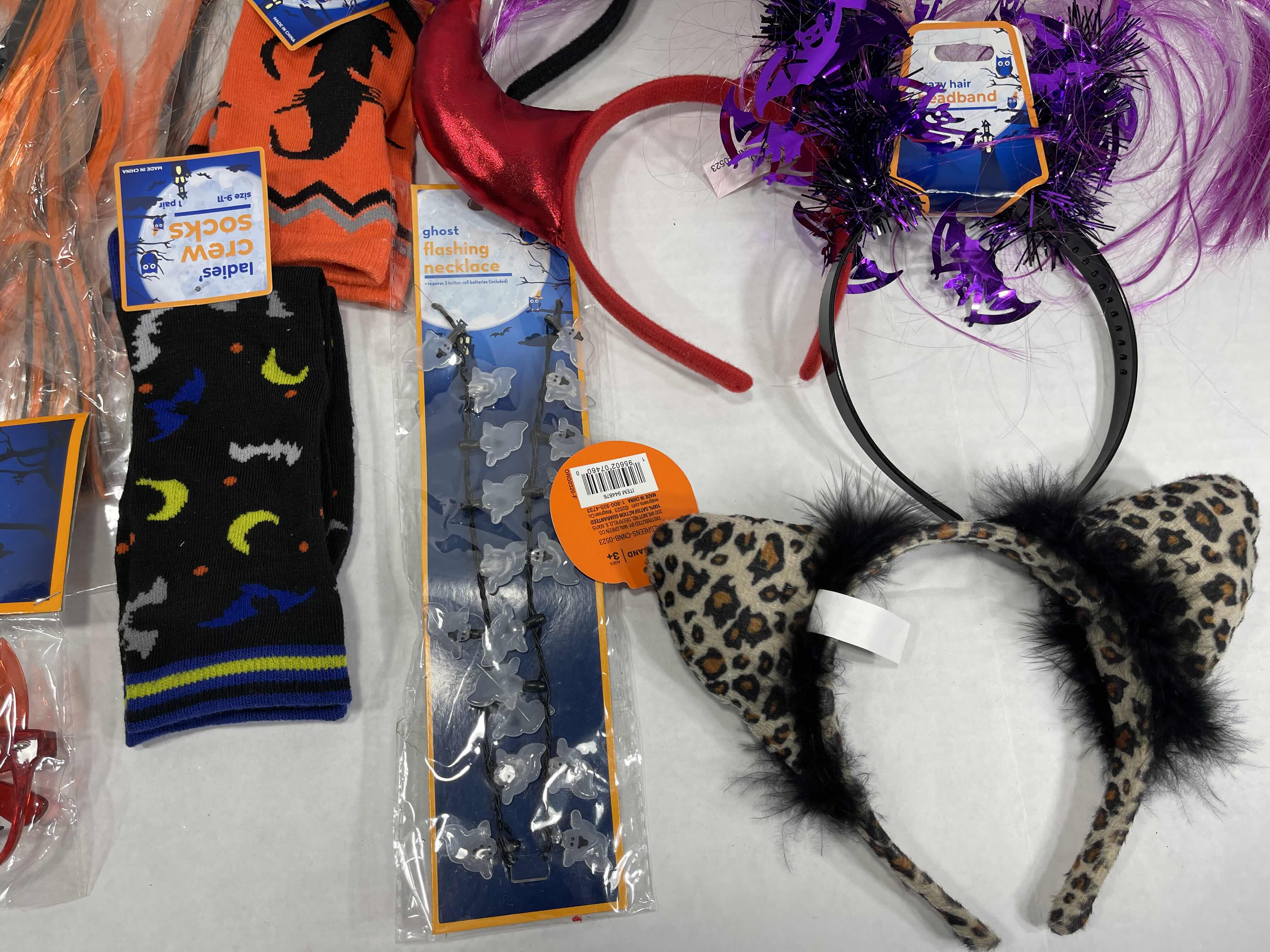 Photo 1 of FUN LADIES HALLOWEEN ACCESSORIES LOT - HEAD WEARS, HEAD BANDS, SOCKS, NECKLACE & GLASSES MSRP $40