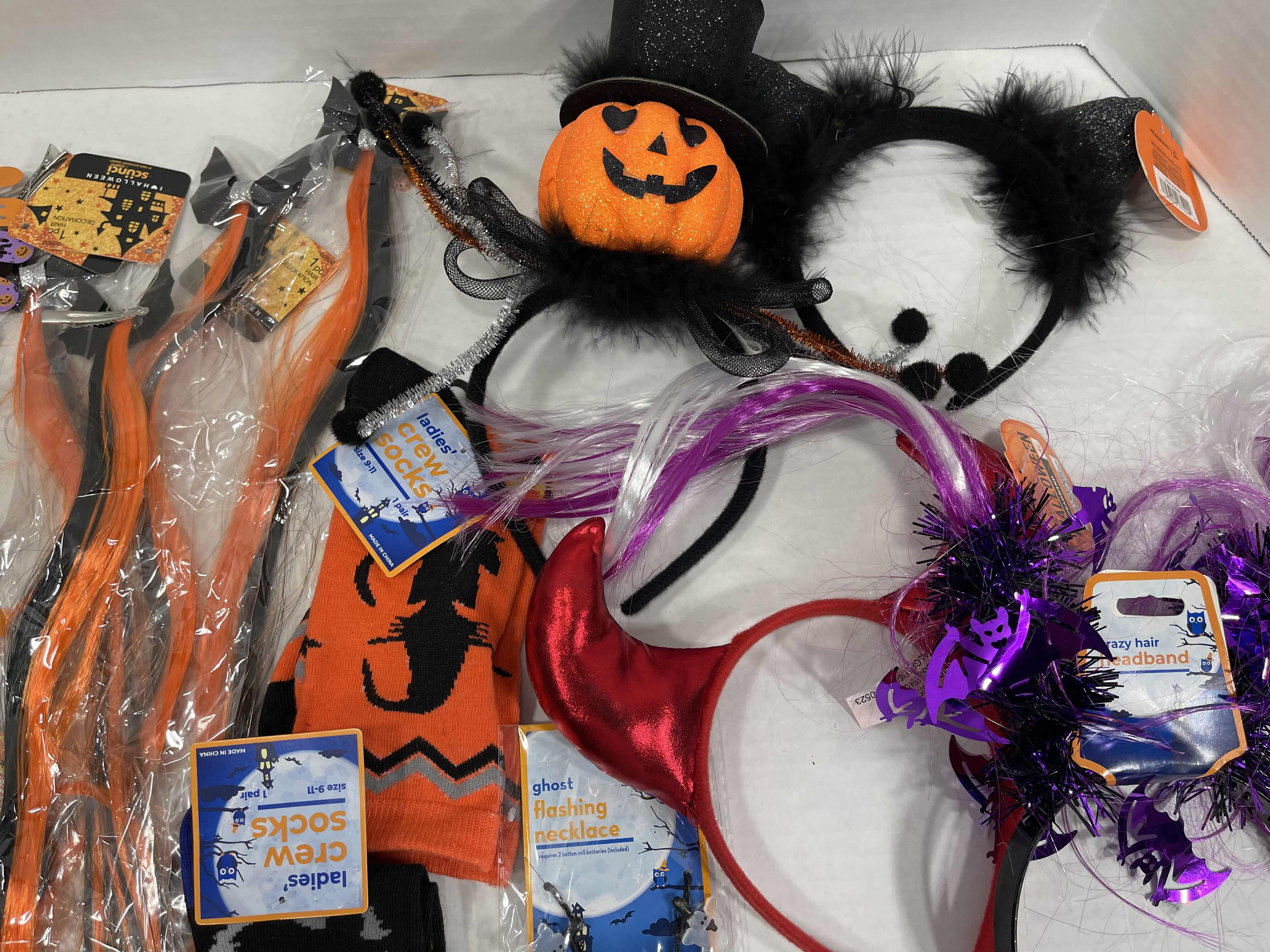 Photo 1 of FUN LADIES HALLOWEEN ACCESSORIES LOT - HEAD WEARS, HEAD BANDS, SOCKS, NECKLACE & GLASSES MSRP $40