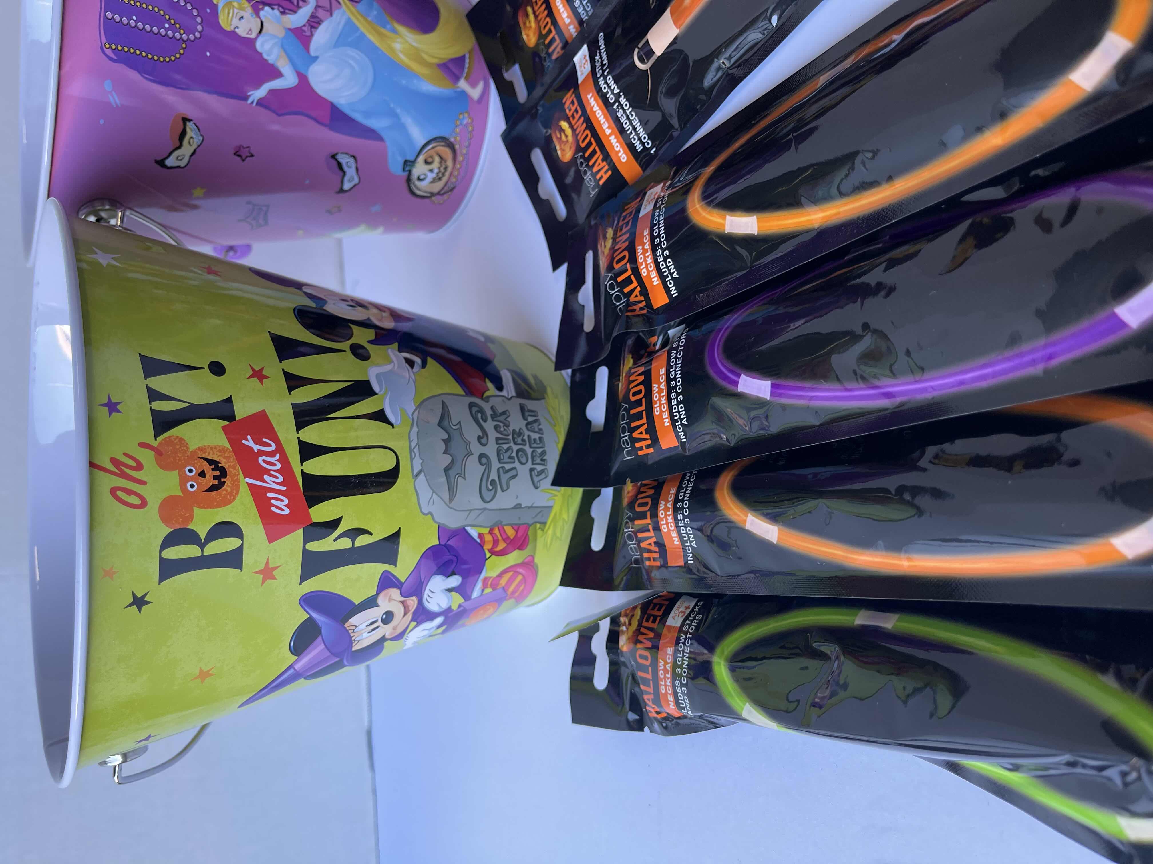 Photo 1 of DISNEY THEMED HALLOWEEN TRICK OR TREAT 7” METAL TIN BUCKETS (4) & GLOW NECKLACES, PENDANTS & WANDS (12)