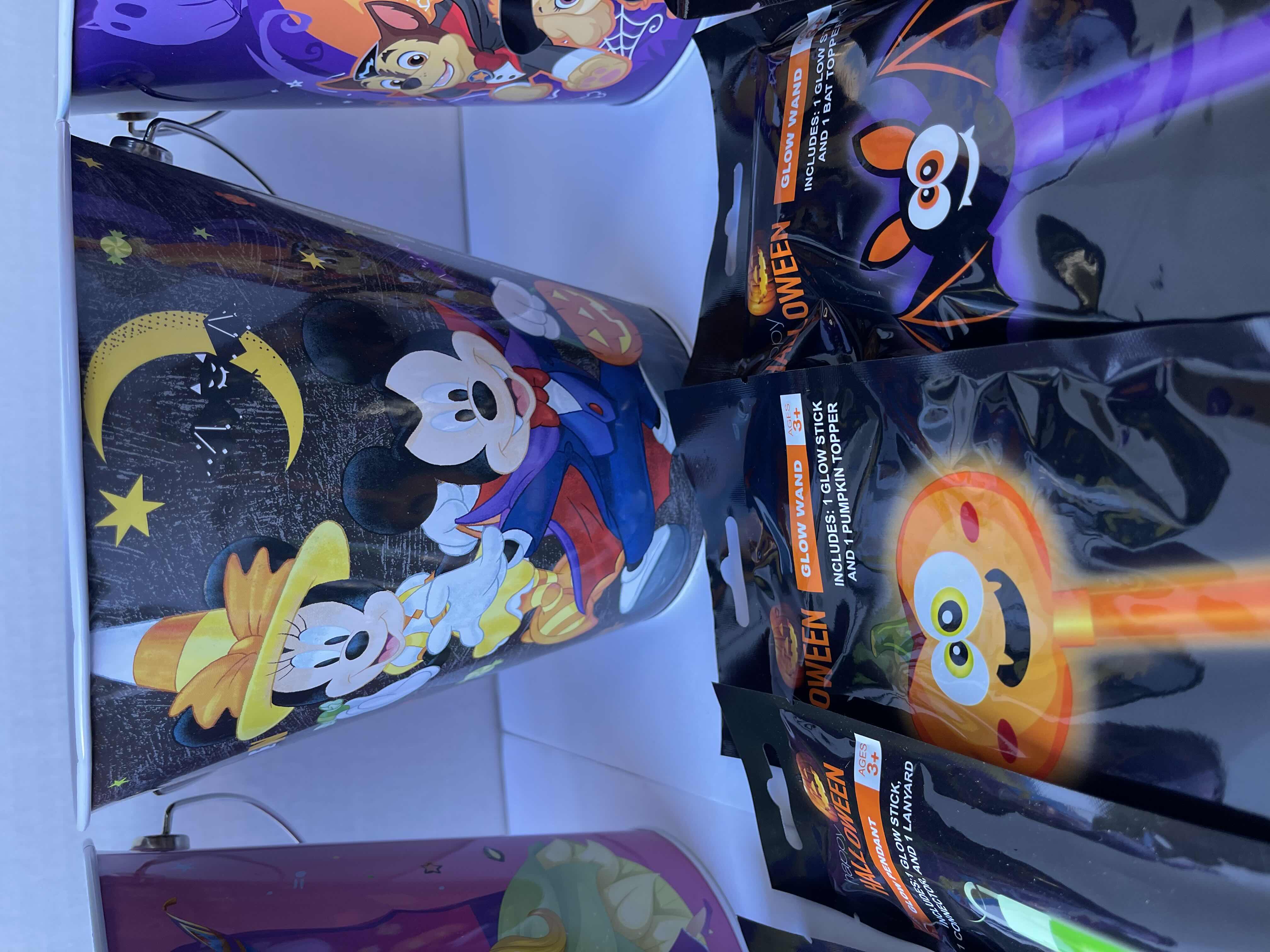 Photo 1 of DISNEY THEMED HALLOWEEN TRICK OR TREAT 7” METAL TIN BUCKETS (4) & GLOW NECKLACES, PENDANTS & WANDS (12)