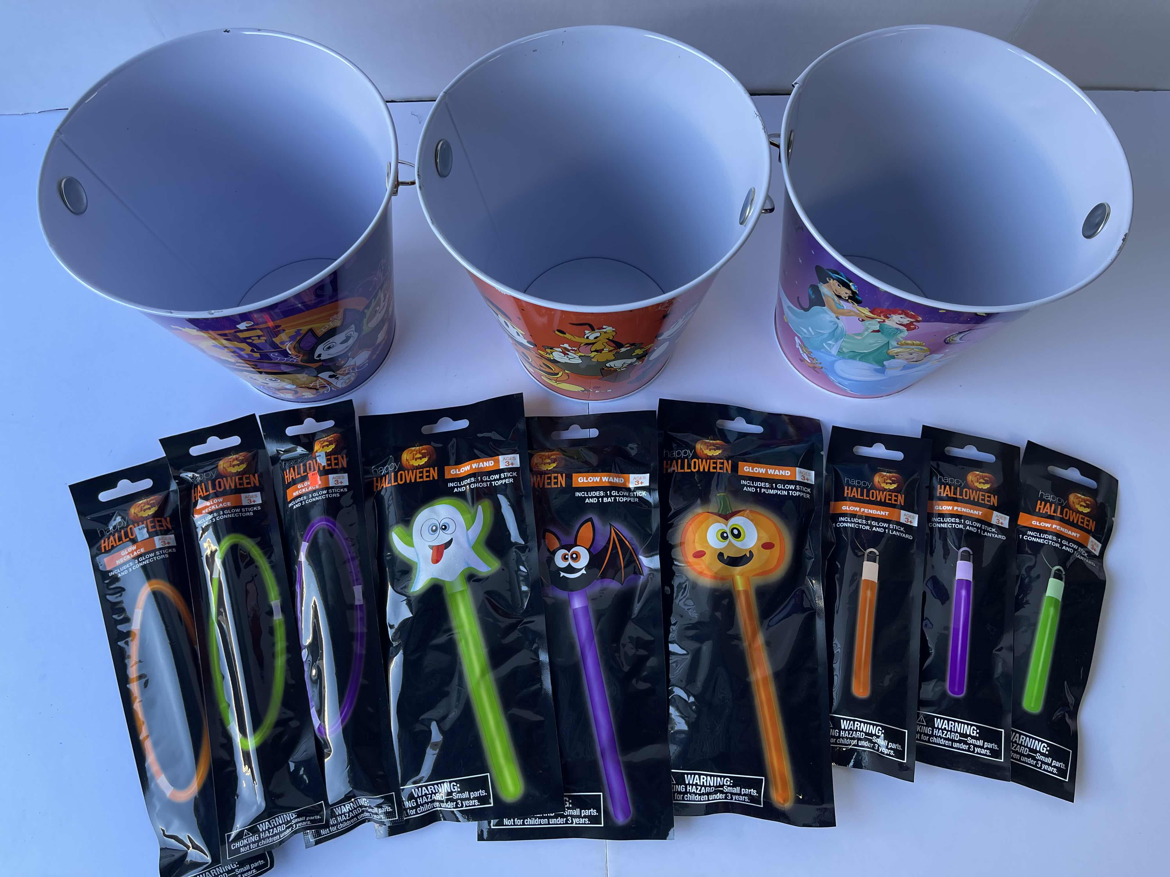 Photo 1 of DISNEY THEMED HALLOWEEN TRICK OR TREAT 7” METAL TIN BUCKETS (3) & GLOW NECKLACES, PENDANTS & WANDS (9)