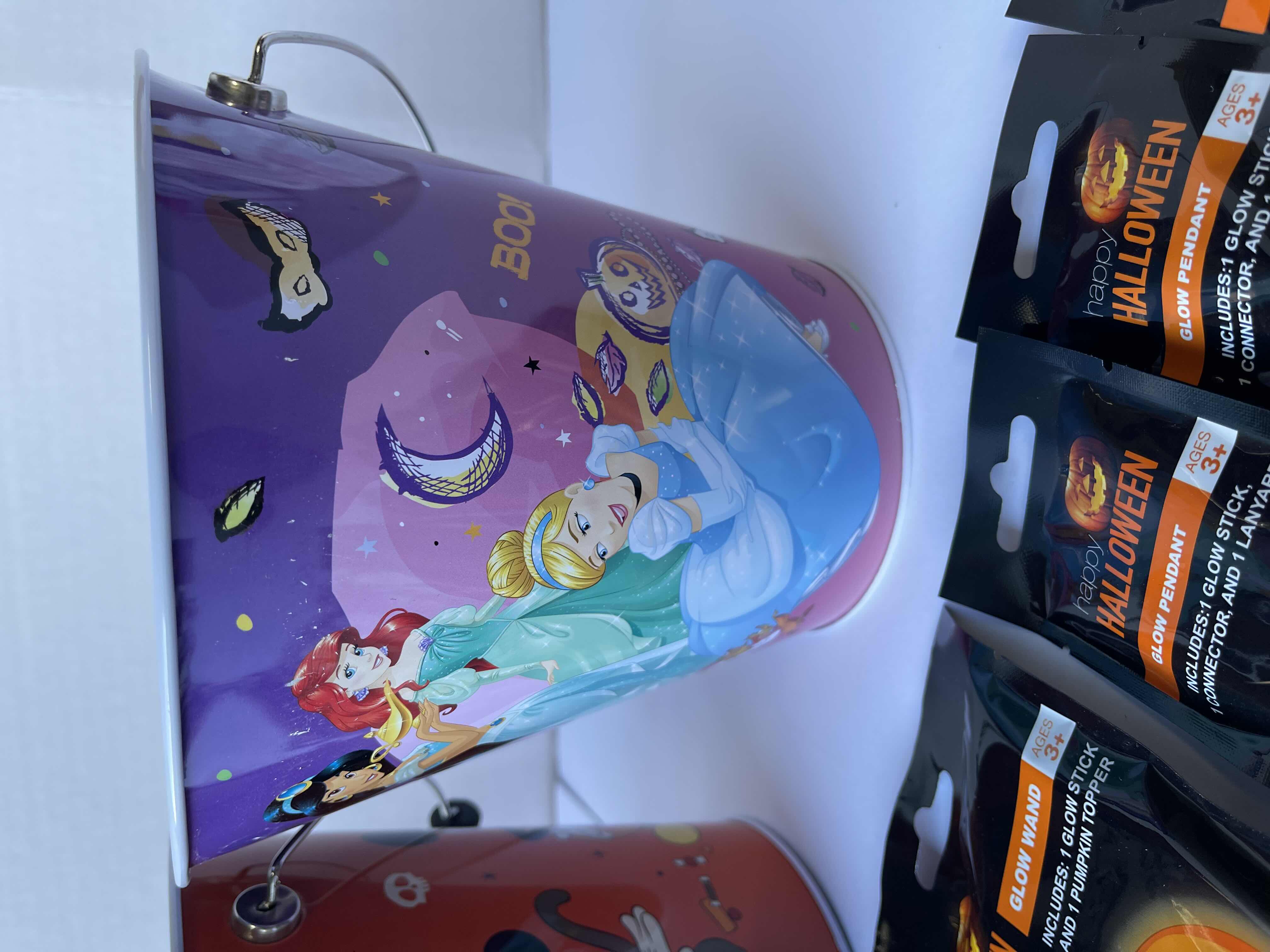 Photo 1 of DISNEY THEMED HALLOWEEN TRICK OR TREAT 7” METAL TIN BUCKETS (3) & GLOW NECKLACES, PENDANTS & WANDS (9)