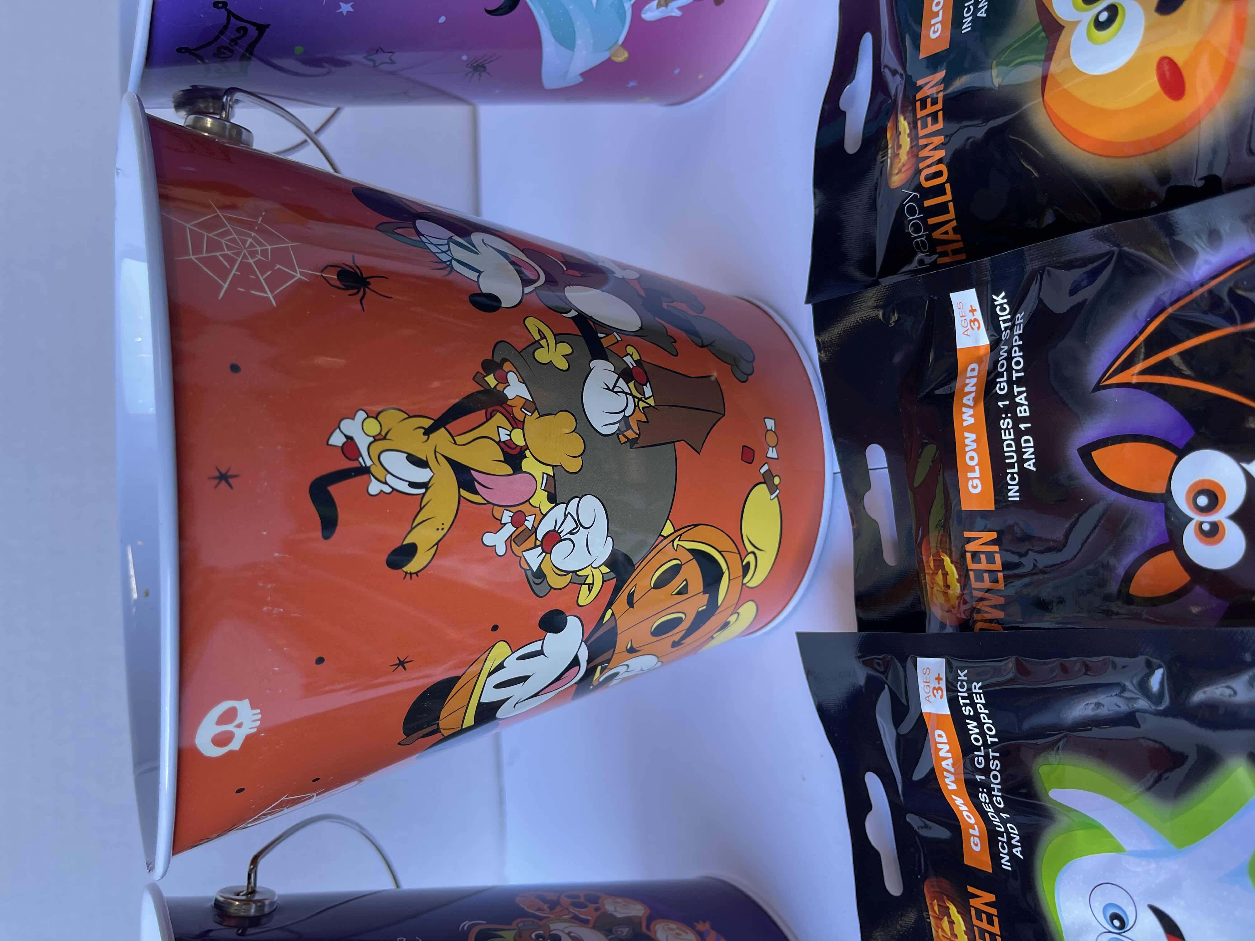 Photo 1 of DISNEY THEMED HALLOWEEN TRICK OR TREAT 7” METAL TIN BUCKETS (3) & GLOW NECKLACES, PENDANTS & WANDS (9)