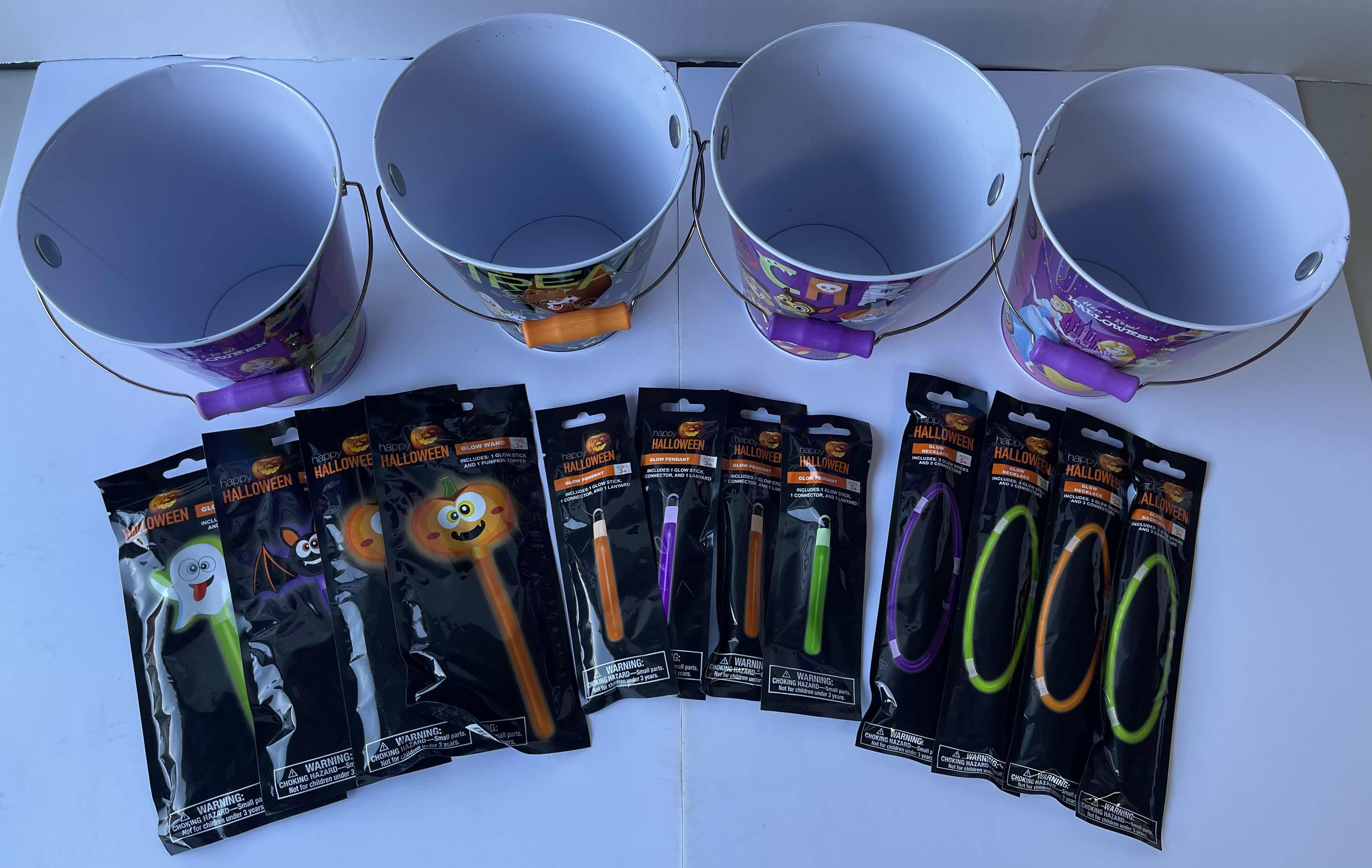 Photo 1 of DISNEY THEMED HALLOWEEN TRICK OR TREAT 7” METAL TIN BUCKETS (4) & GLOW NECKLACES, PENDANTS & WANDS (12)