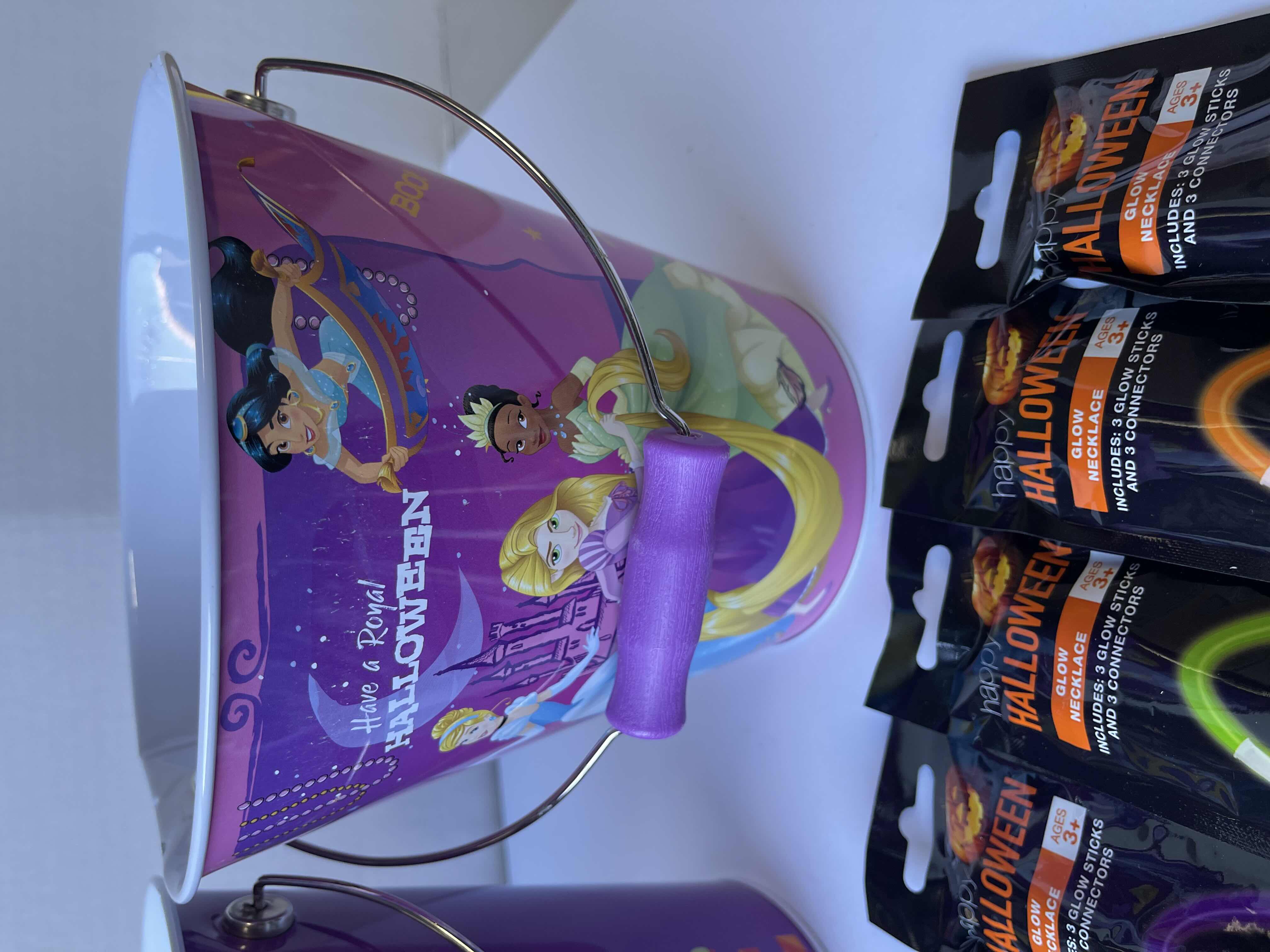 Photo 5 of DISNEY THEMED HALLOWEEN TRICK OR TREAT 7” METAL TIN BUCKETS (4) & GLOW NECKLACES, PENDANTS & WANDS (12)
