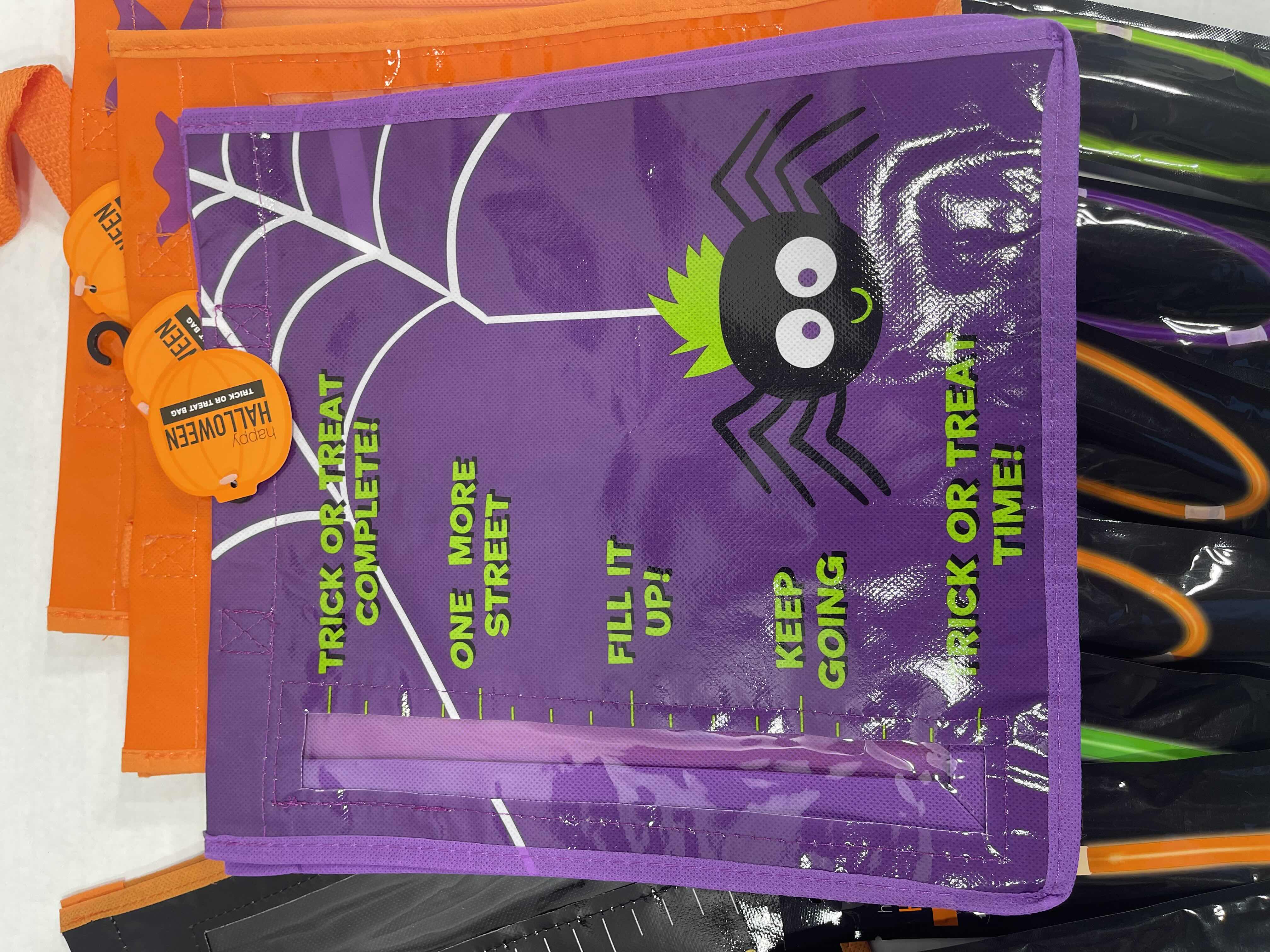 Photo 1 of HAPPY HALLOWEEN 12” TRICK OR TREAT BAGS SEWN HANDLES WITH WINDOW (4), GLOW PENDANTS (4) & GLOW NECKLACES (4) NEW