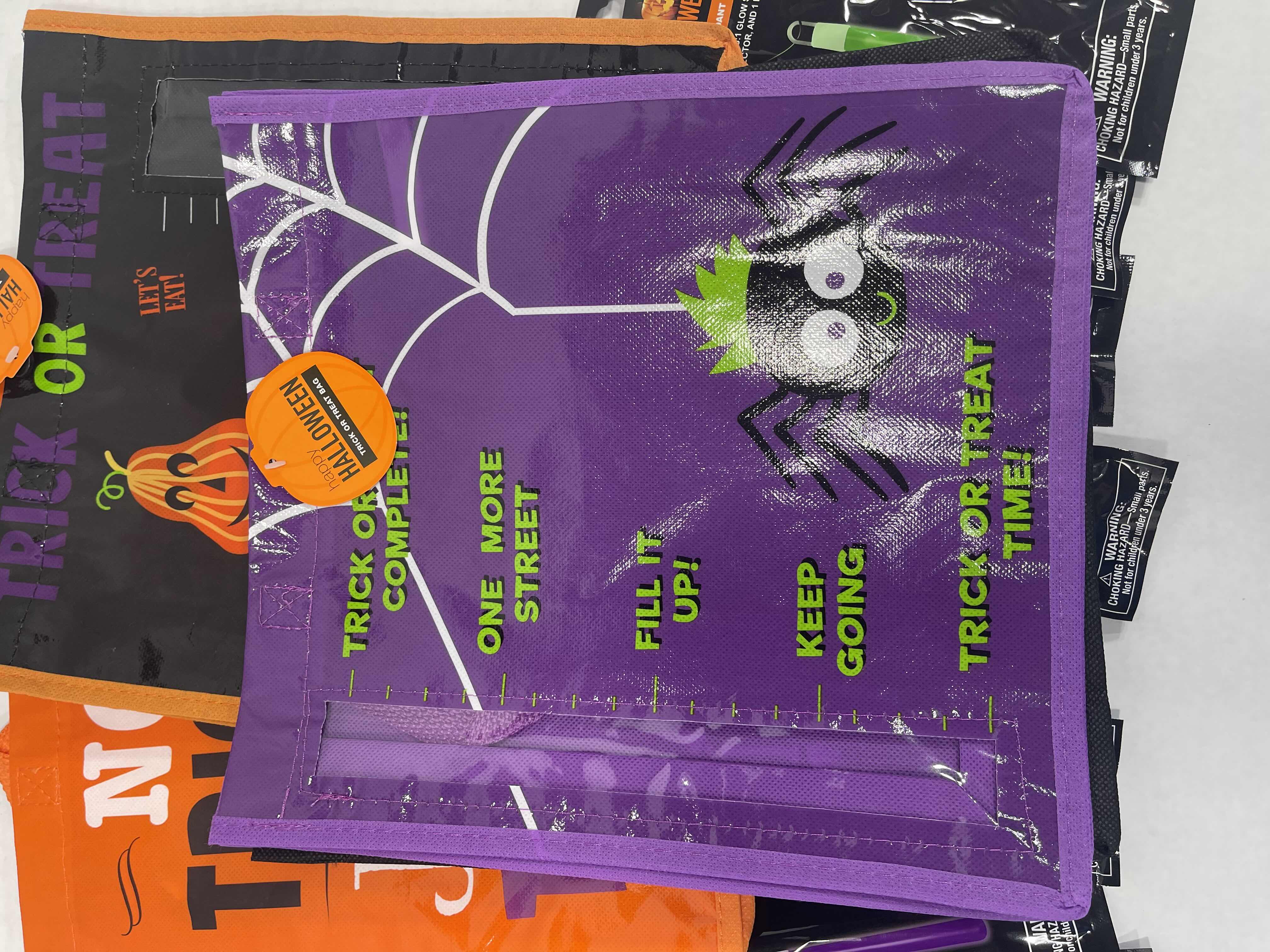 Photo 1 of HALLOWEEN 12” TRICK OR TREAT BAGS ASSORTED SEWN HANDLES WITH WINDOW (4), GLOW PENDANTS (4) & GLOW NECKLACES (4) NEW