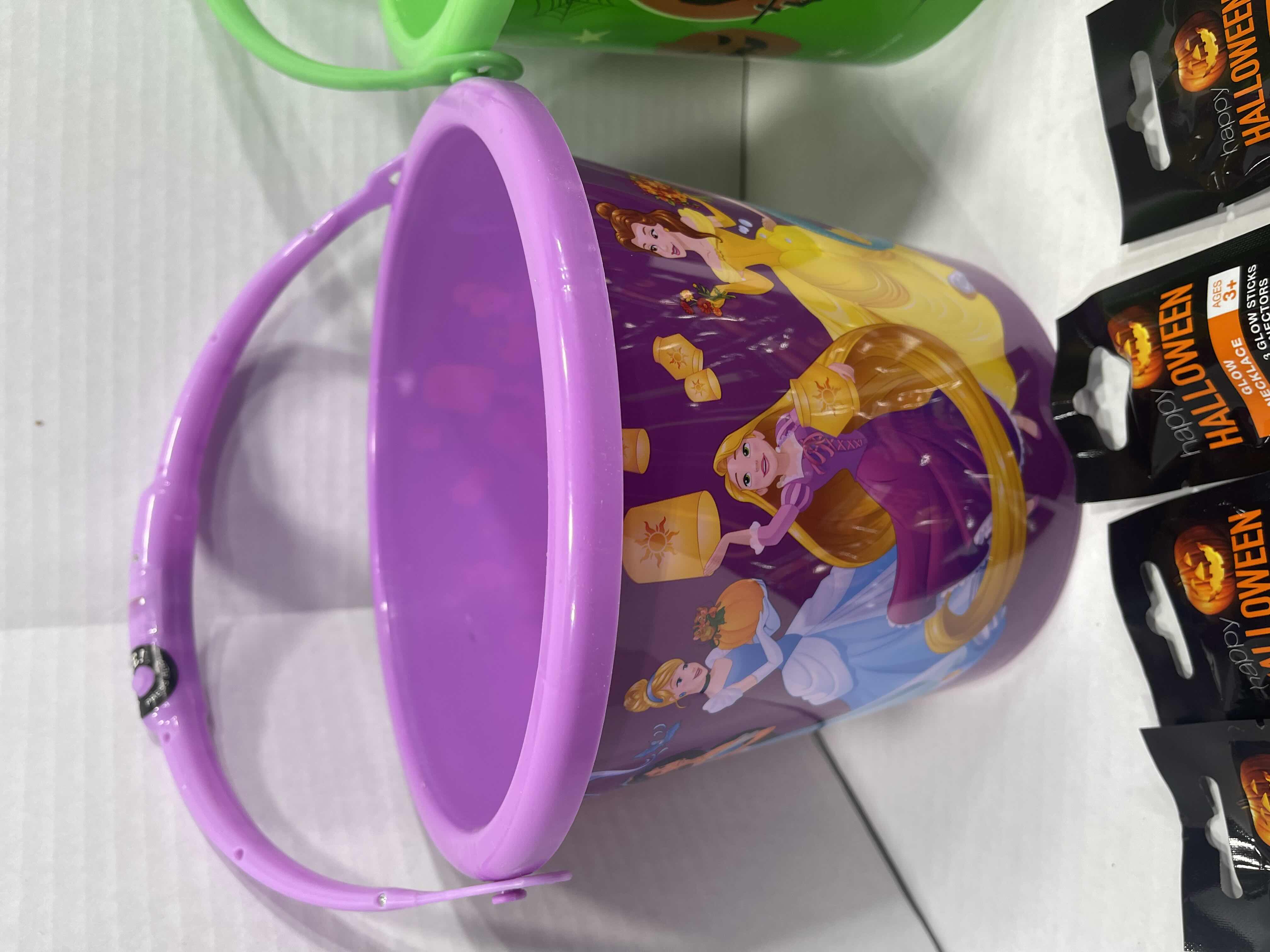 Photo 1 of DISNEY THEMED 7” LIGHT-UP HANDLE TRICK OR TREAT PAILS (3), GLOW NECKLACES (3), GLOW CHARACTER WANDS (3) & GLOW PENDANTS MSRP $70