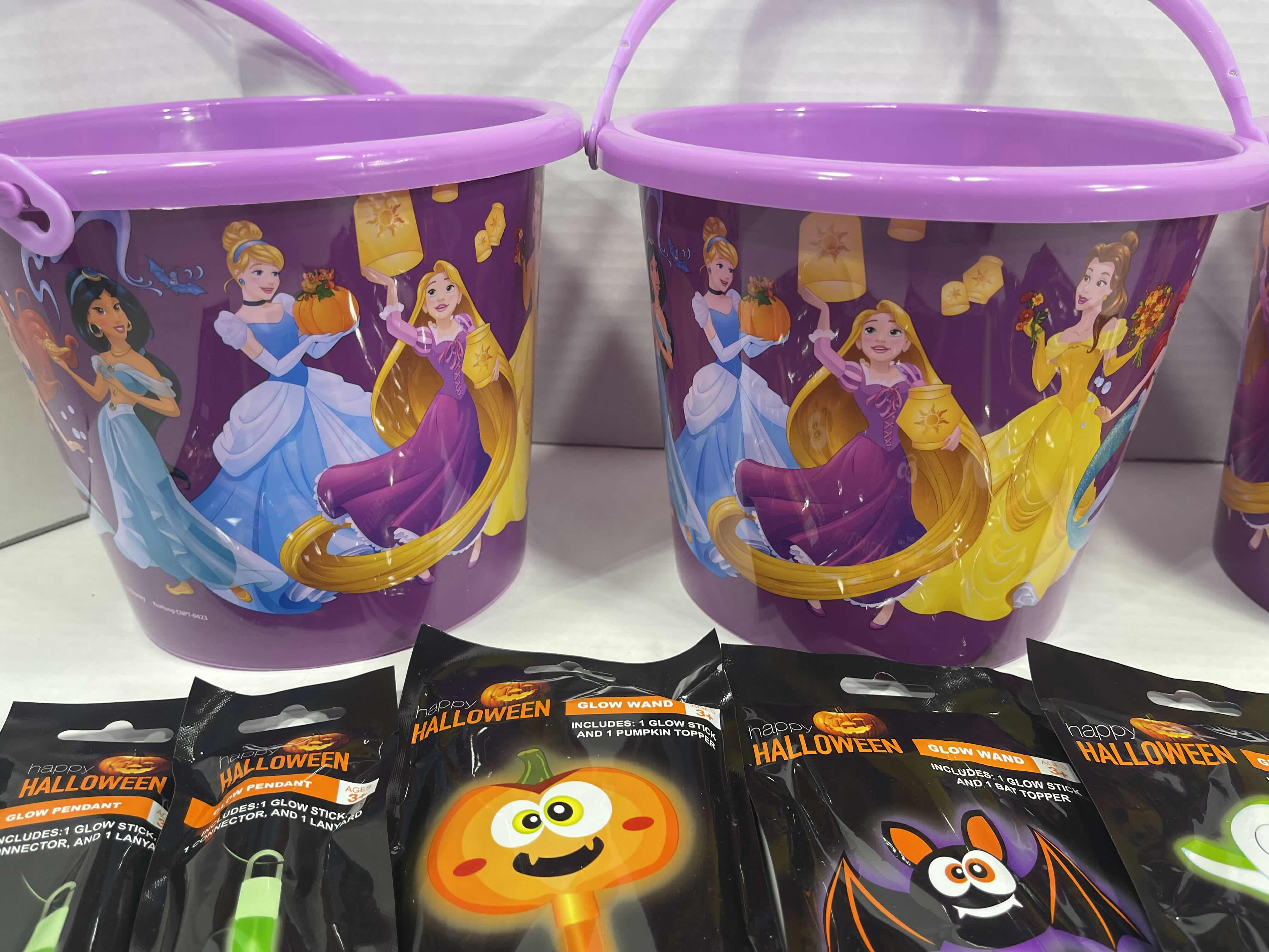 Photo 1 of DISNEY PRINCESSES 7” LIGHT-UP HANDLE TRICK OR TREAT PAILS (3), GLOW NECKLACES (3), GLOW CHARACTER WANDS (3) & GLOW PENDANTS MSRP $70