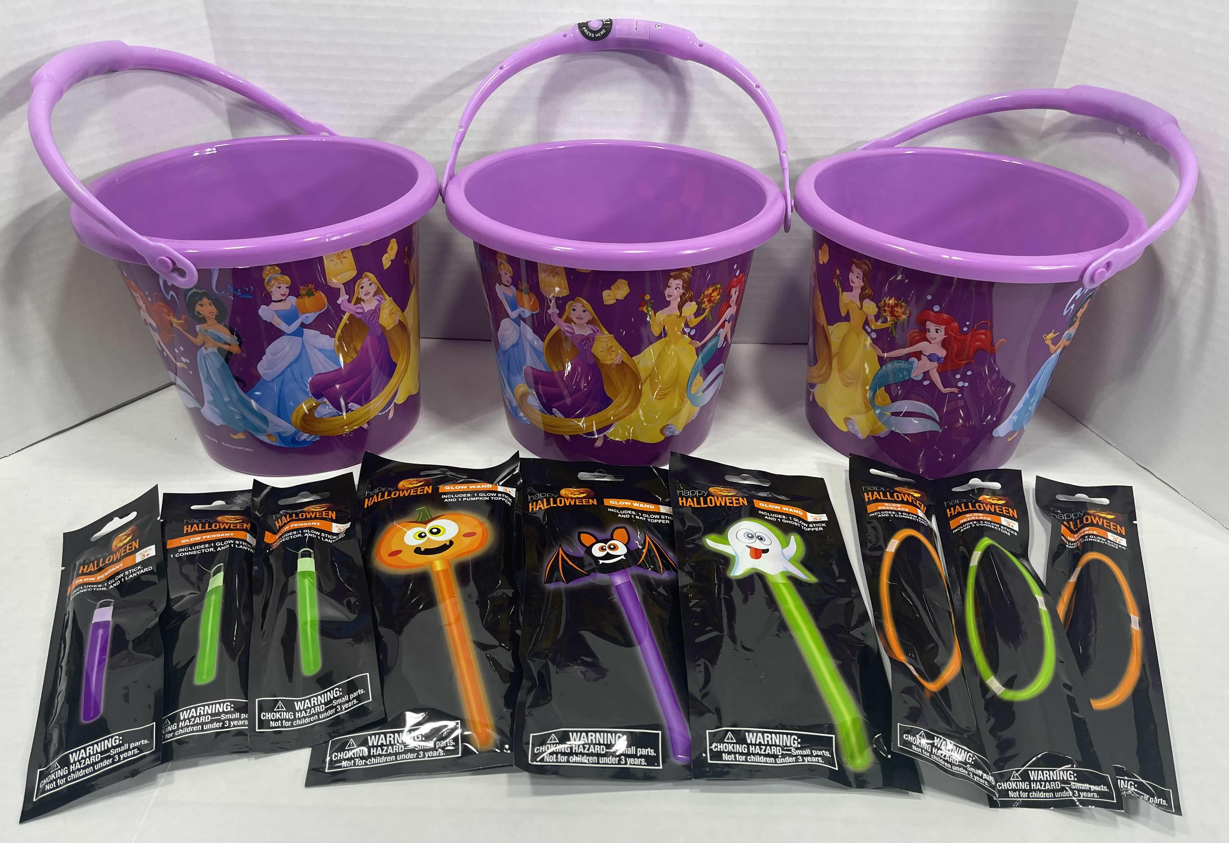 Photo 1 of DISNEY PRINCESSES 7” LIGHT-UP HANDLE TRICK OR TREAT PAILS (3), GLOW NECKLACES (3), GLOW CHARACTER WANDS (3) & GLOW PENDANTS MSRP $70