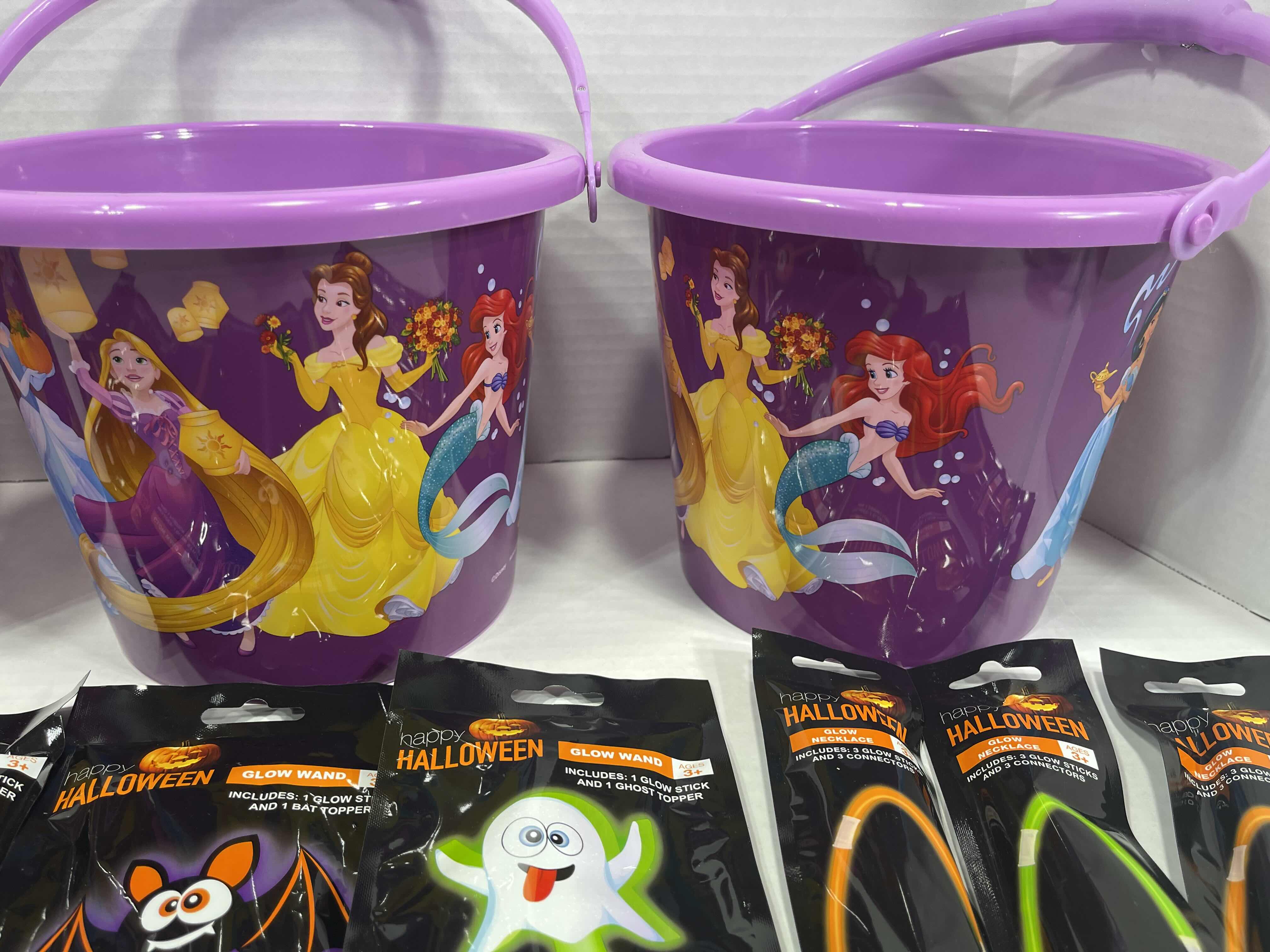 Photo 1 of DISNEY PRINCESSES 7” LIGHT-UP HANDLE TRICK OR TREAT PAILS (3), GLOW NECKLACES (3), GLOW CHARACTER WANDS (3) & GLOW PENDANTS MSRP $70
