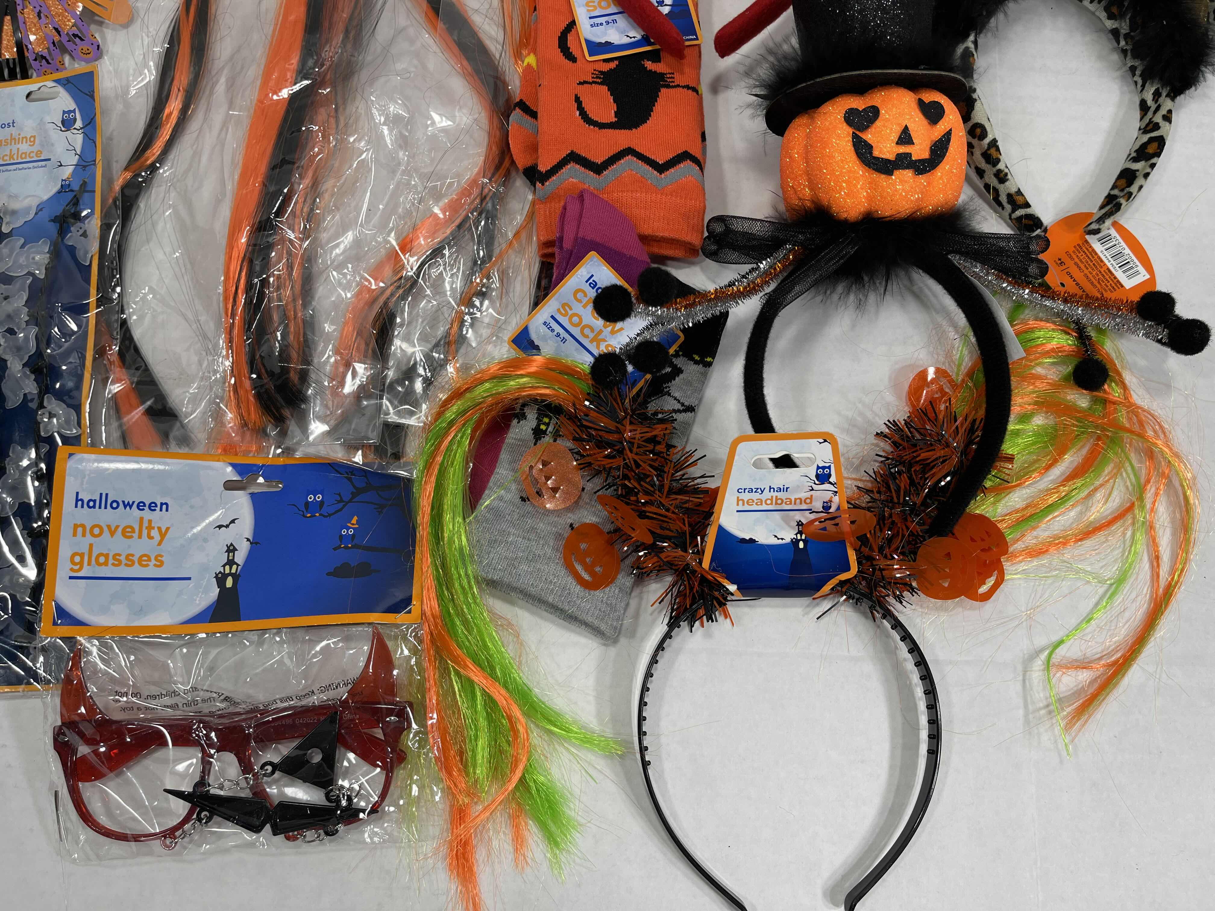 Photo 1 of FUN LADIES HALLOWEEN ACCESSORIES LOT - HEAD WEARS, HEAD BANDS, SOCKS, NECKLACE & GLASSES MSRP $40