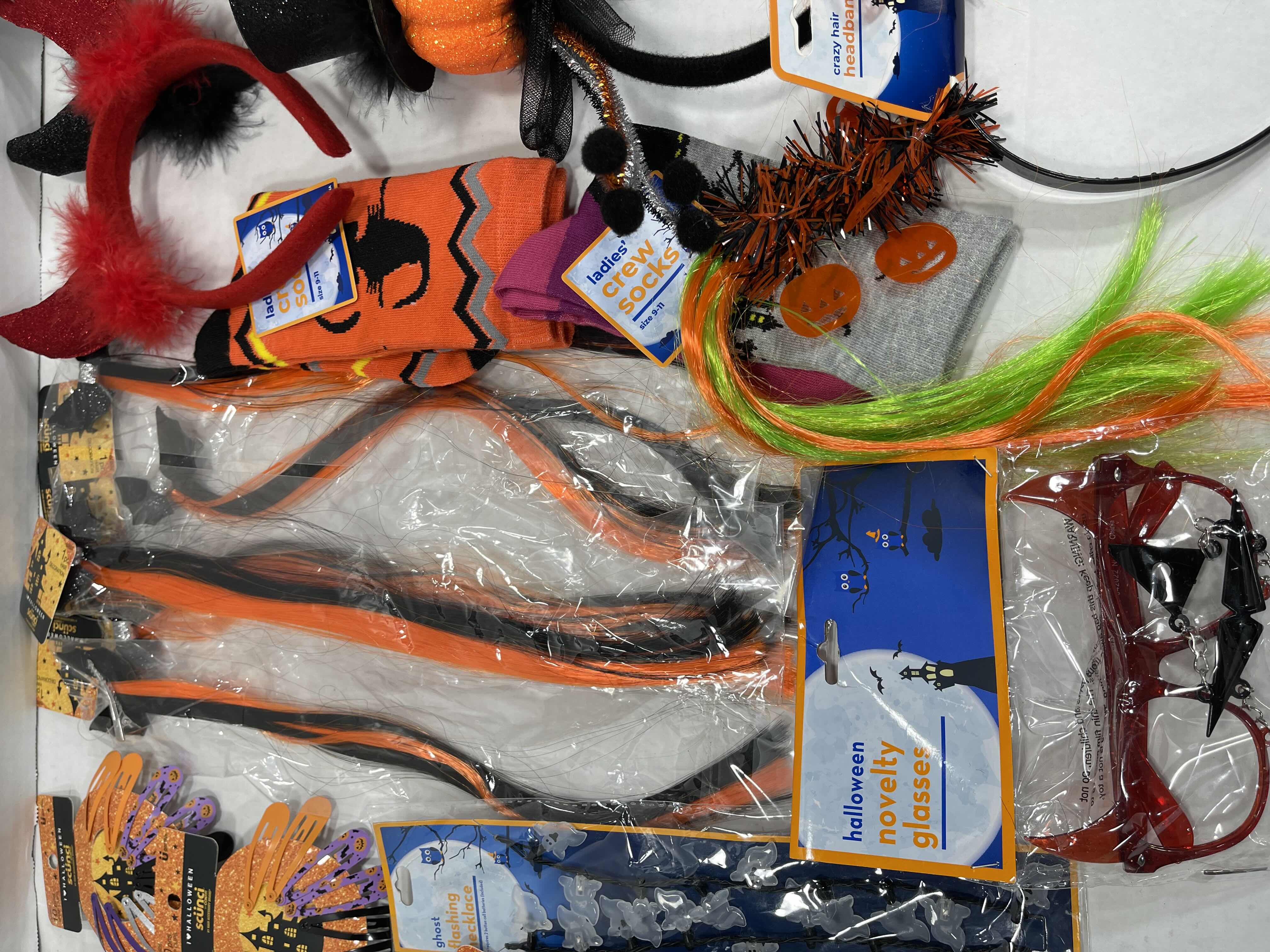 Photo 1 of FUN LADIES HALLOWEEN ACCESSORIES LOT - HEAD WEARS, HEAD BANDS, SOCKS, NECKLACE & GLASSES MSRP $40