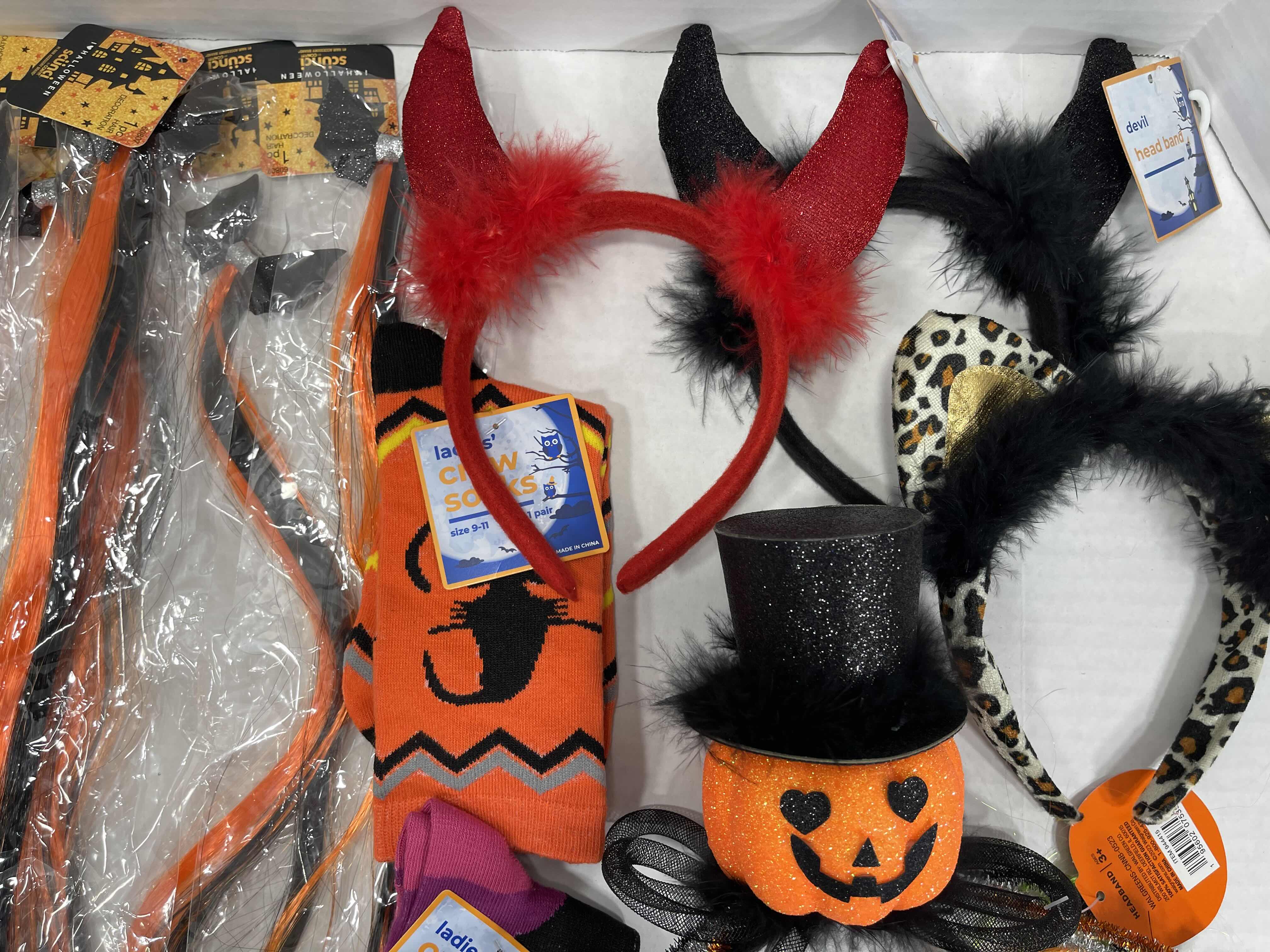 Photo 1 of FUN LADIES HALLOWEEN ACCESSORIES LOT - HEAD WEARS, HEAD BANDS, SOCKS, NECKLACE & GLASSES MSRP $40