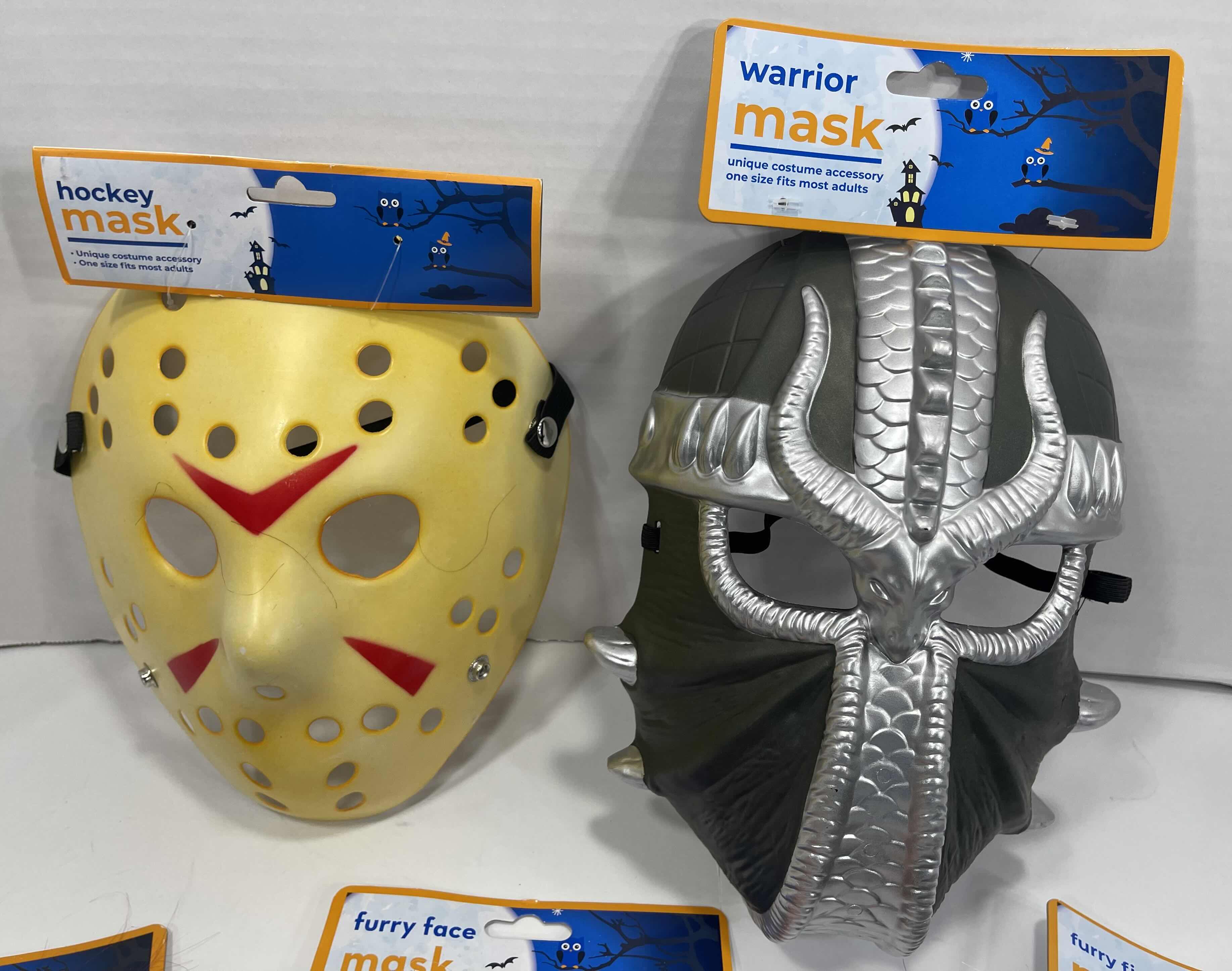 Photo 1 of ADULT ONE SIZE FITS MOST HALLOWEEN PLASTIC MASKS (2)  & FURRY FRIENDS RUBBER MASKS (3) MSRP $45