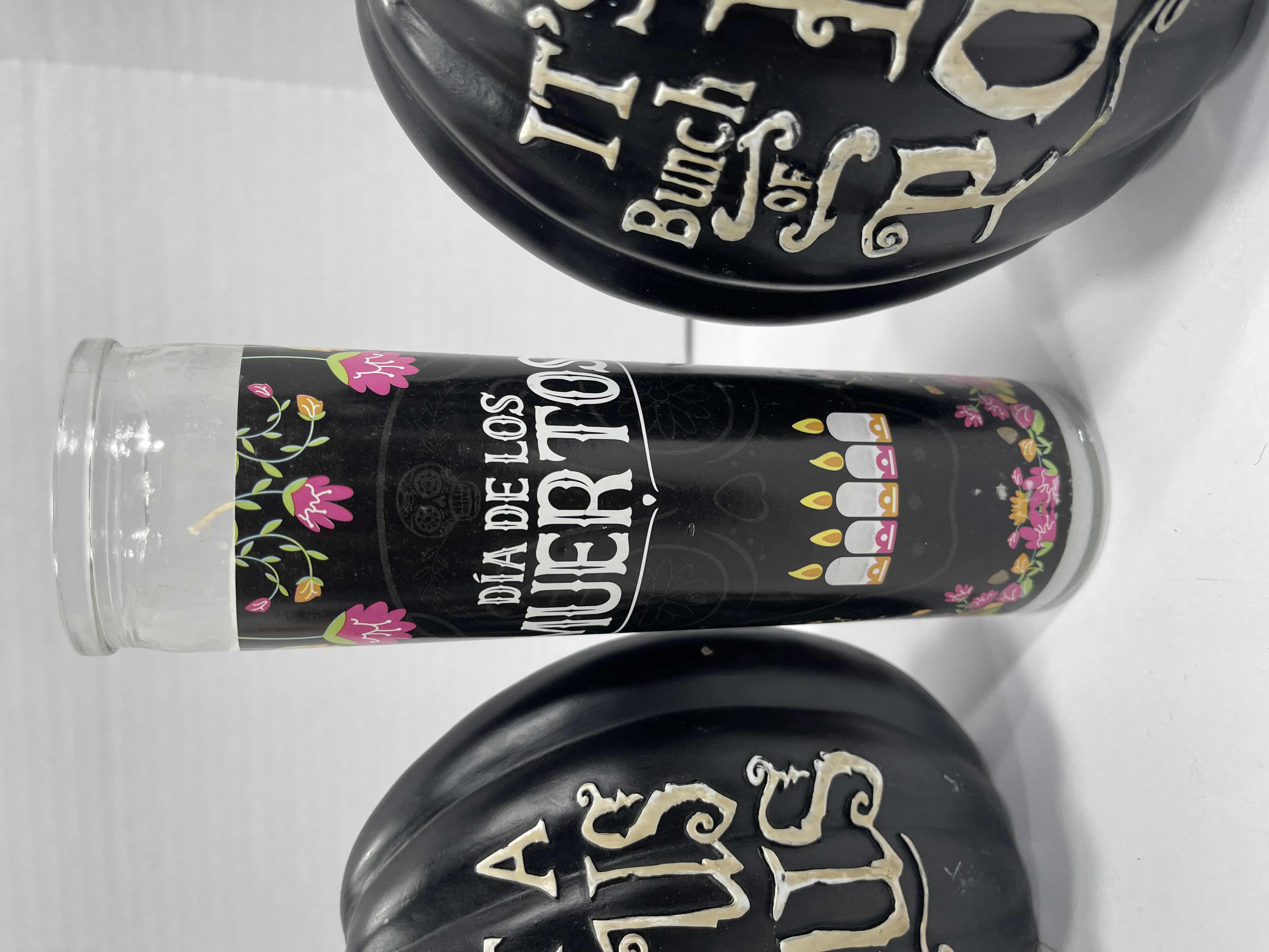 Photo 1 of HALLOWEEN HOME DECOR - RESIN HOCUS POCUS BLACK PUMPKINS 7.5” (3) & DAY OF THE FEAD CANDLE JARS 8” (2)