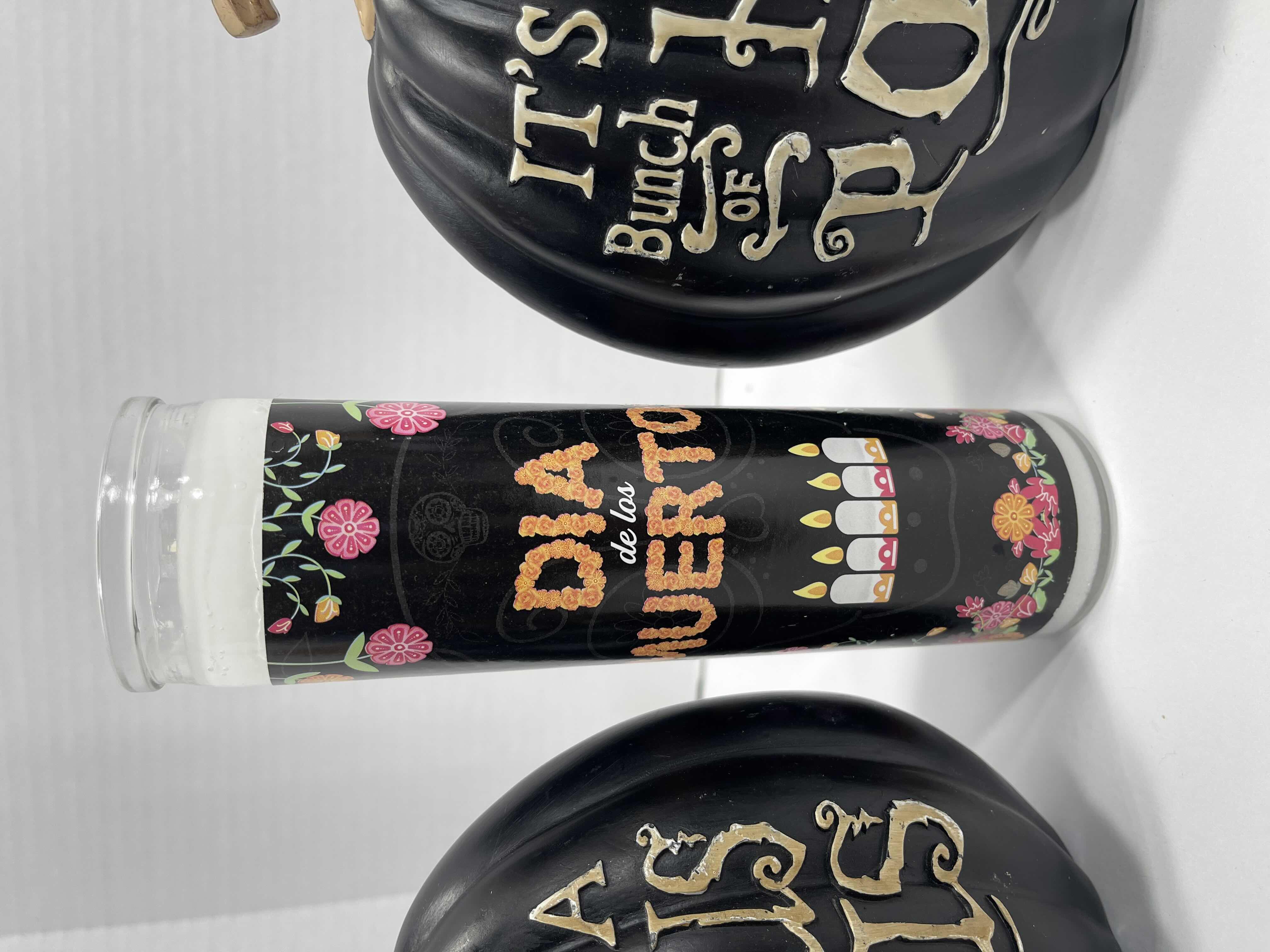 Photo 1 of HALLOWEEN HOME DECOR - RESIN HOCUS POCUS BLACK PUMPKINS 7.5” (3) & DAY OF THE FEAD CANDLE JARS 8” (2)