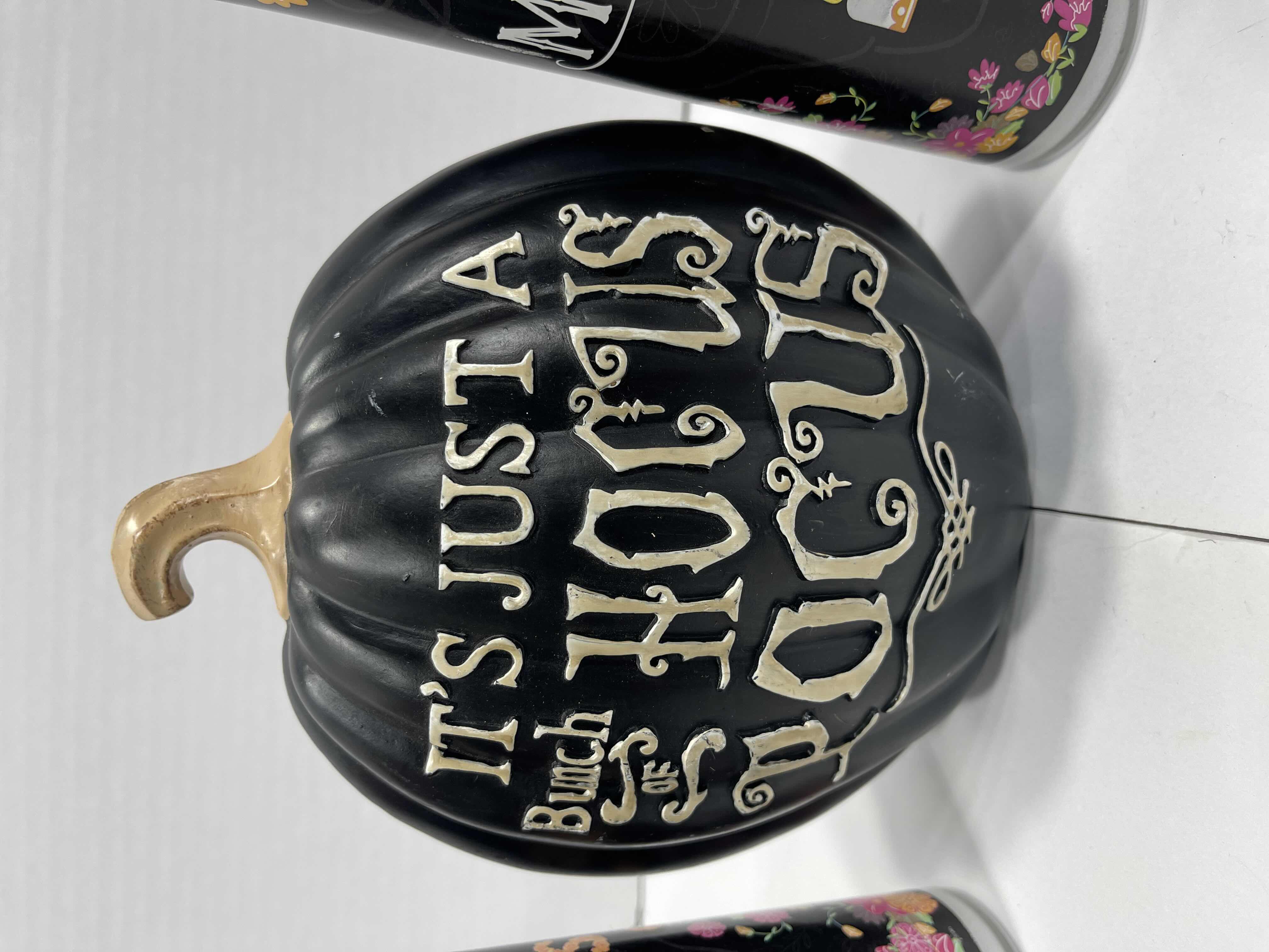 Photo 1 of HALLOWEEN HOME DECOR - RESIN HOCUS POCUS BLACK PUMPKINS 7.5” (3) & DAY OF THE FEAD CANDLE JARS 8” (2)