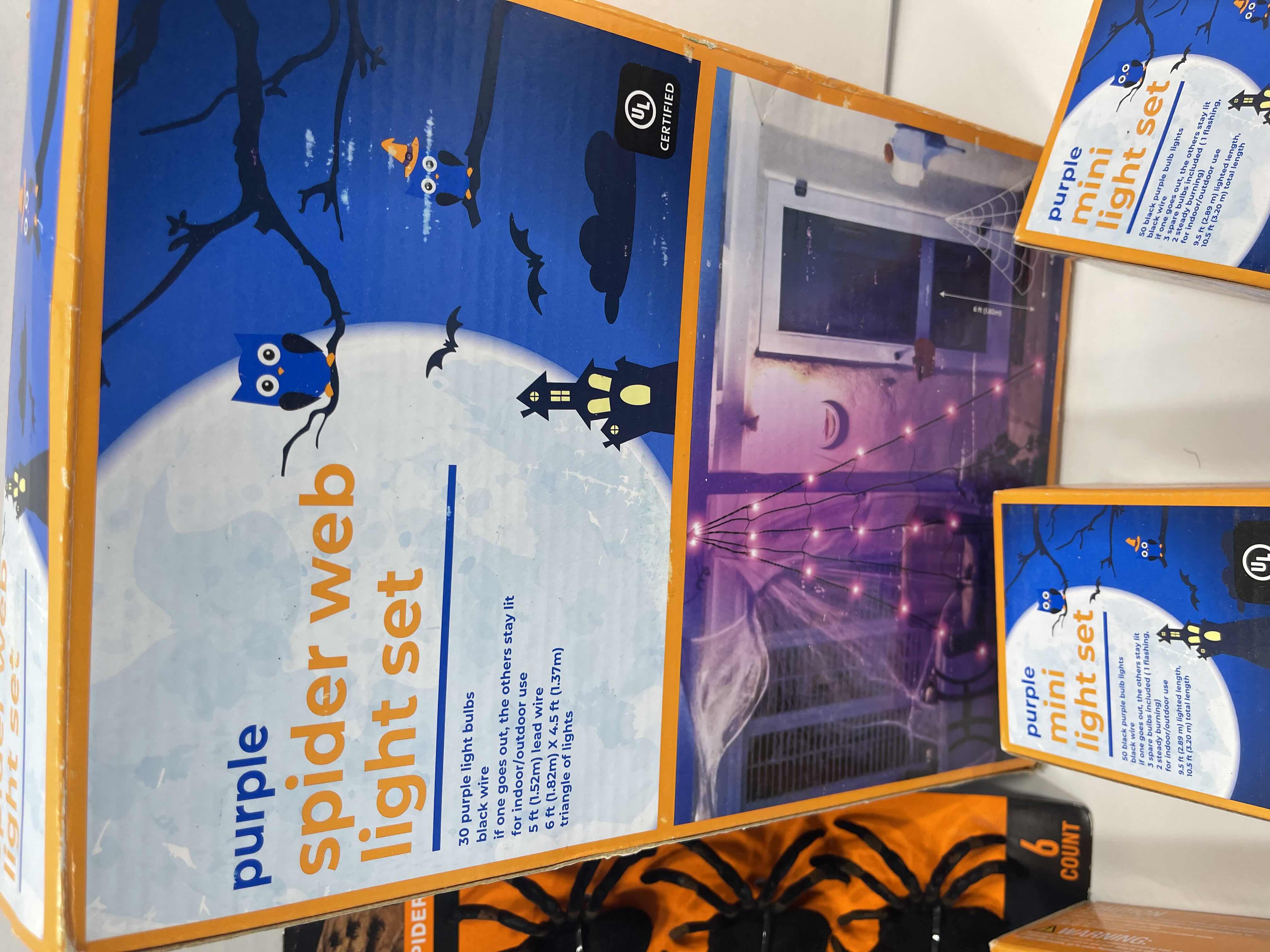 Photo 1 of SPIDER WEB PURPLE LIGHT SET, STRING LIGHTS, WEBBING & FLOCKED SPIDER SET MSRP $65