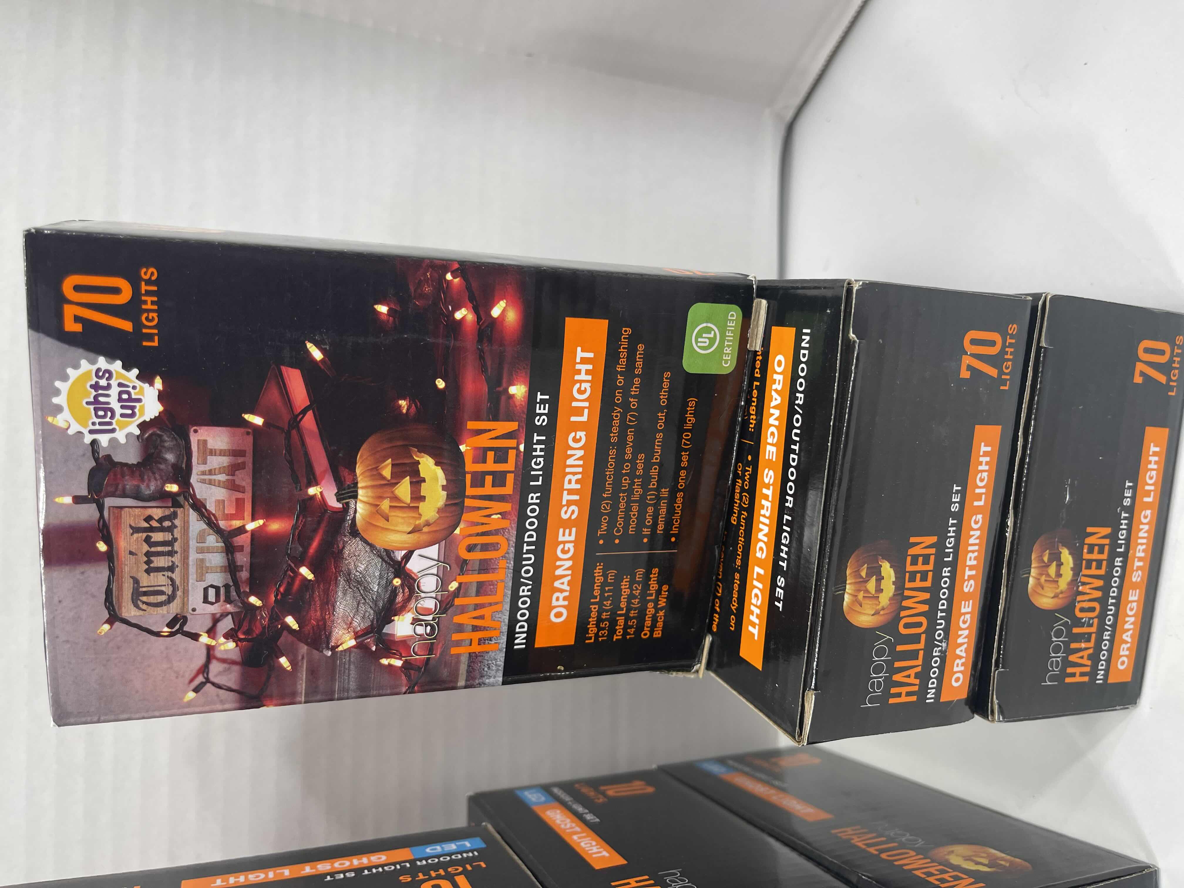 Photo 1 of HAPPY HALLOWEEN LIGHT SETS NEW - ORANGE INDOOR/OUTDOOR STRING LIGHT SET 70 LIGHTS (6) & INDOOR LED GHOST LIGHT SET 10 LIGHTS (3) MSRP $60