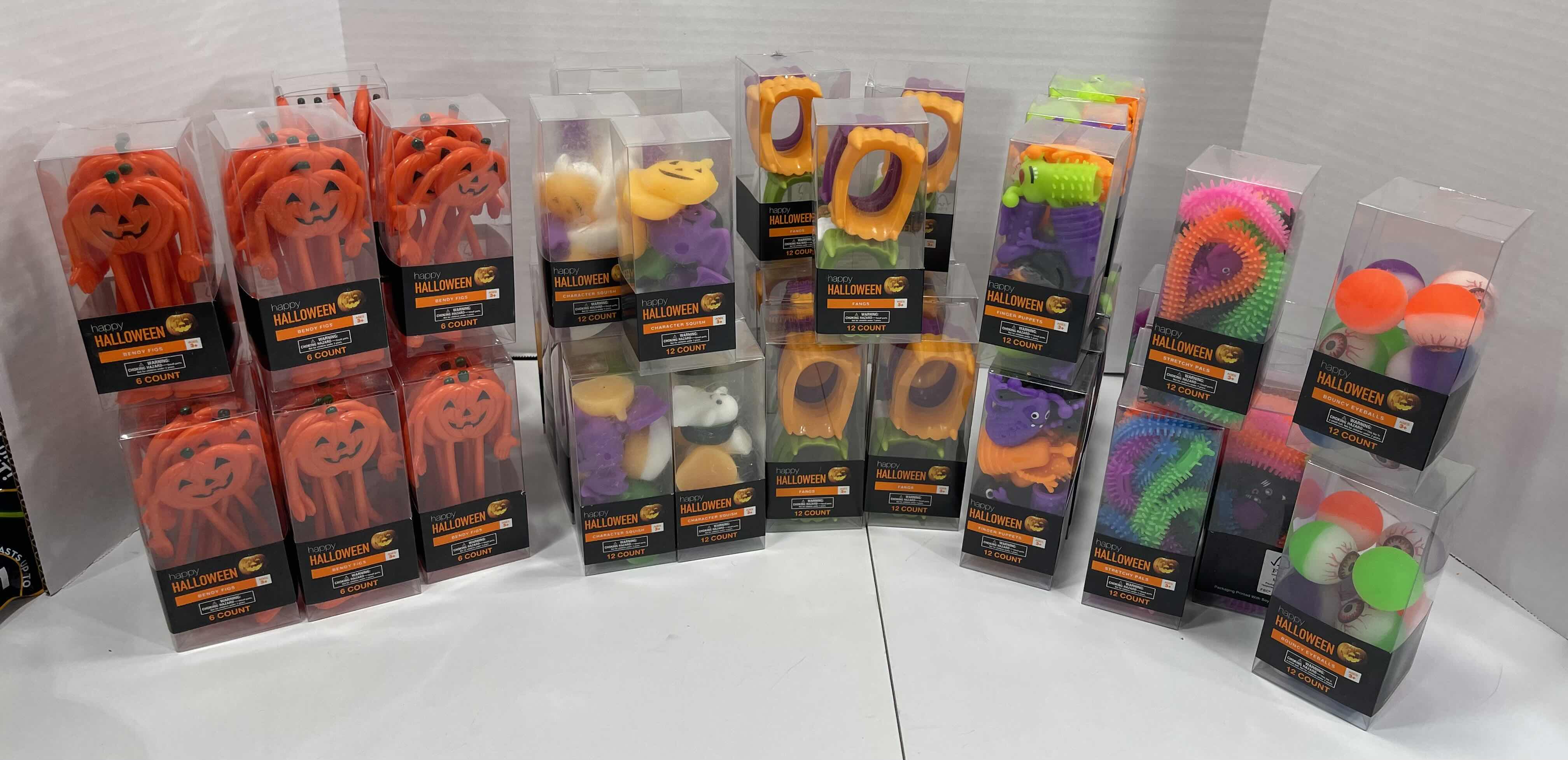 Photo 1 of HAPPY HALLOWEEN BOXES OF SMALL HALLOWEEN TOYS (50 BOXES) - BENDY FIGS (12), SQUISHIES (12), FANGS (9), FINGER PUPPETS (7), STRETCHY (8) & BOUNCY EYEBALLS (2) 