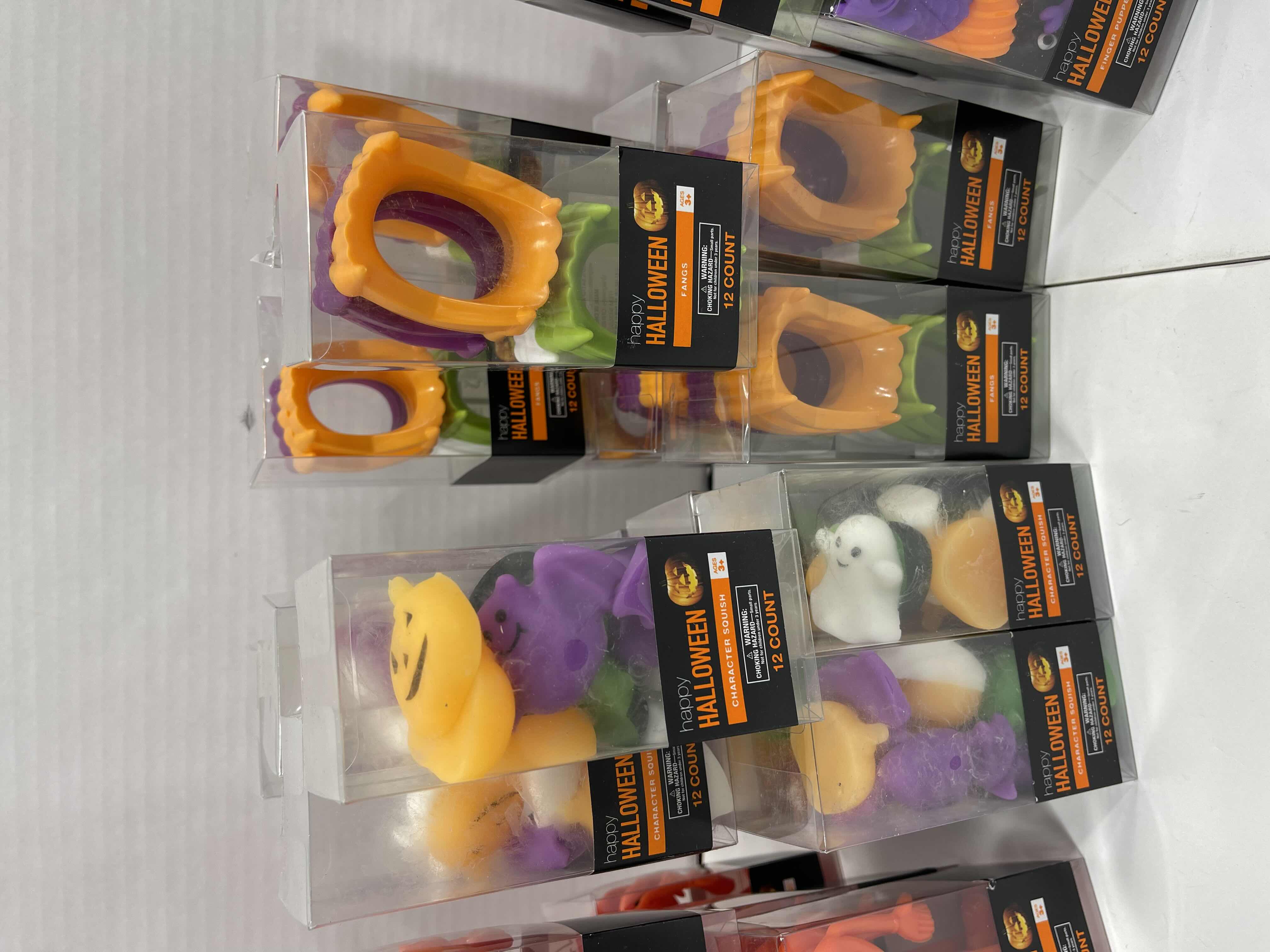 Photo 1 of HAPPY HALLOWEEN BOXES OF SMALL HALLOWEEN TOYS (50 BOXES) - BENDY FIGS (12), SQUISHIES (12), FANGS (9), FINGER PUPPETS (7), STRETCHY (8) & BOUNCY EYEBALLS (2) 