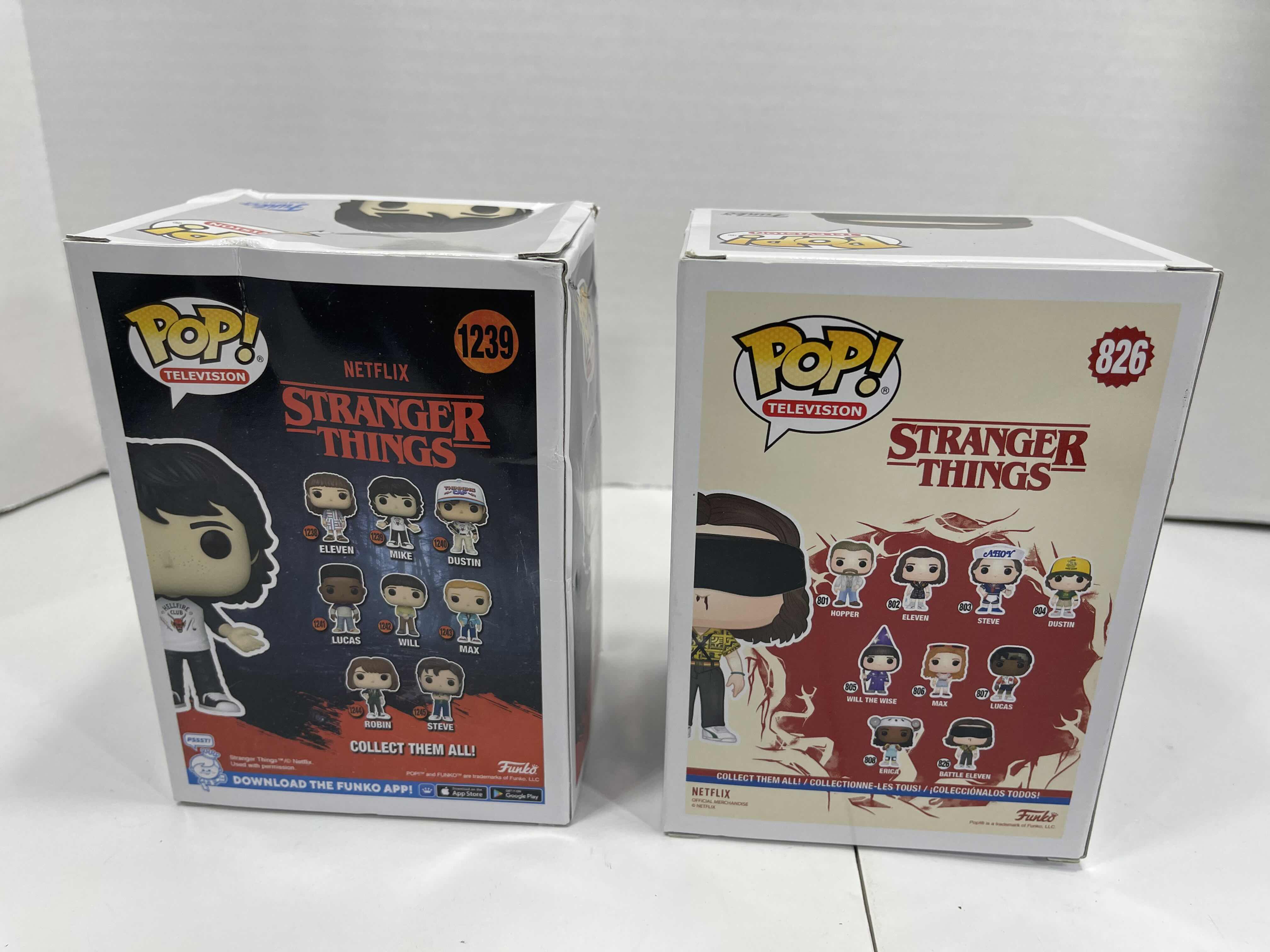 Photo 1 of FUNKO POPS (2) - STRANGER THINGS MIKE #1239 & BATTLE ELEVEN #826 NEW 