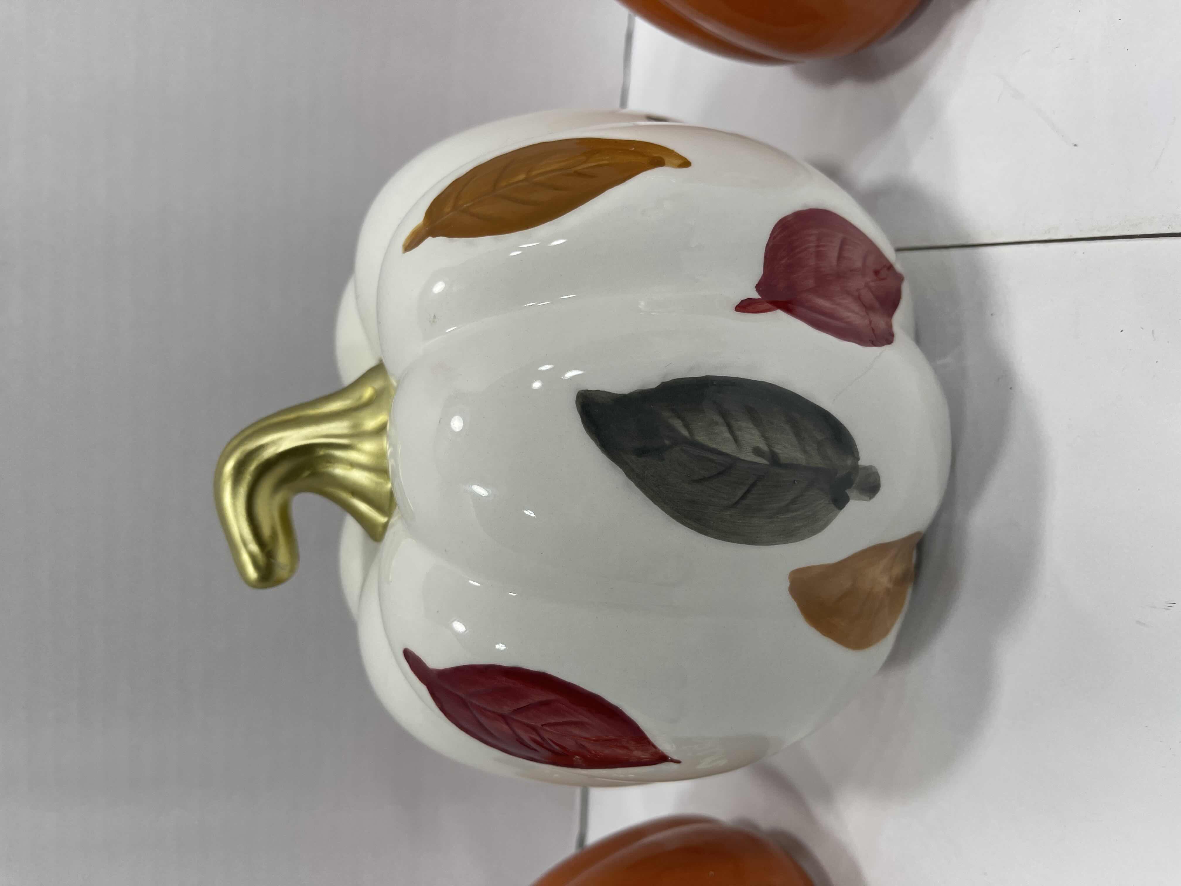 Photo 1 of FALL INTO AUTUMN CERAMIC PUMPKINS (3) - HELLO PUMPKIN H4.5” & AUTUMN LEAVES H6.5” 