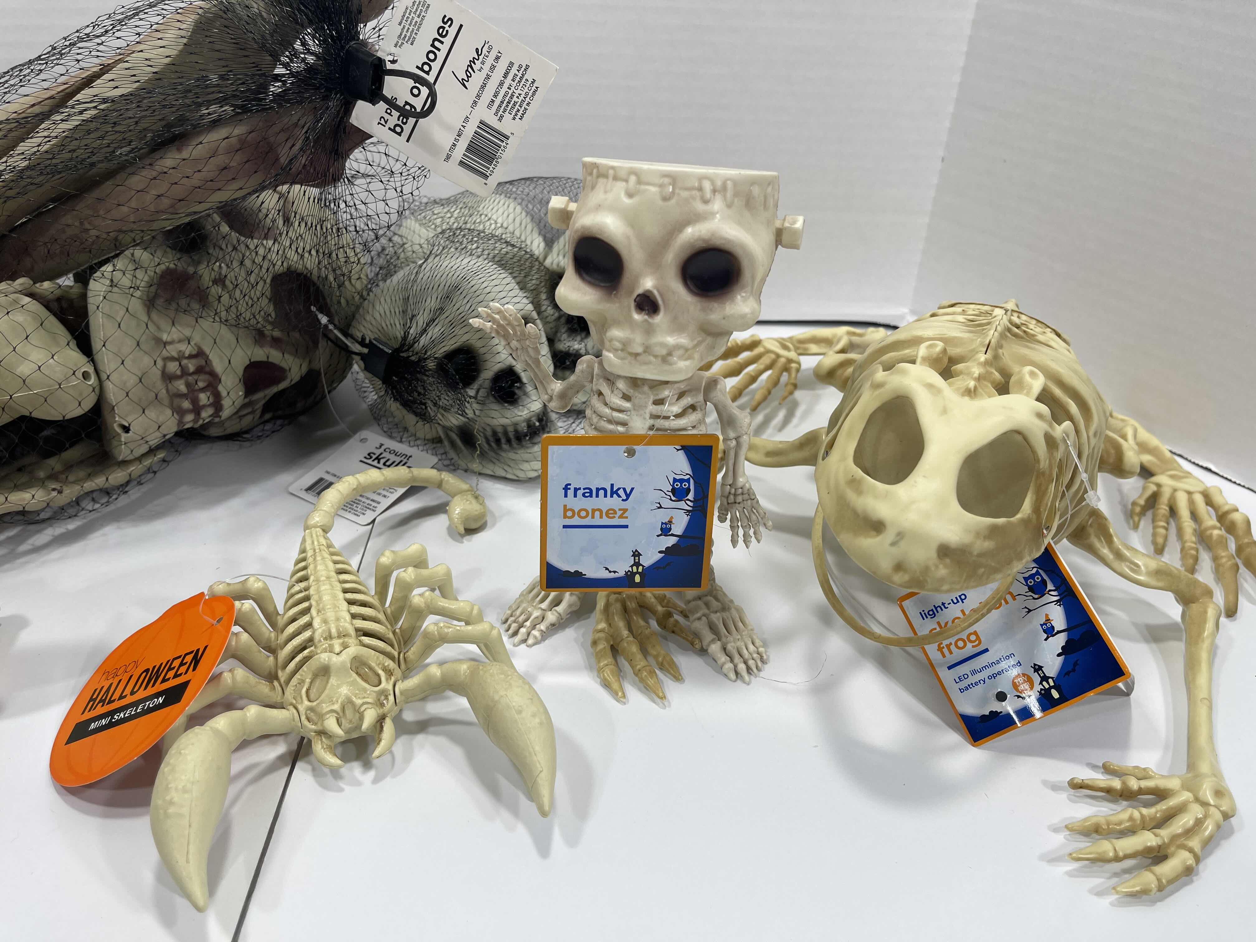 Photo 1 of HALLOWEEN FROG SKELETON LIGHT-UP, ANIMATED MONKEY, MINI SKELETONS SKULLS & BAG OF BONES YARD/HOME DECORATIONS (7 ITEMS) MSRP $100