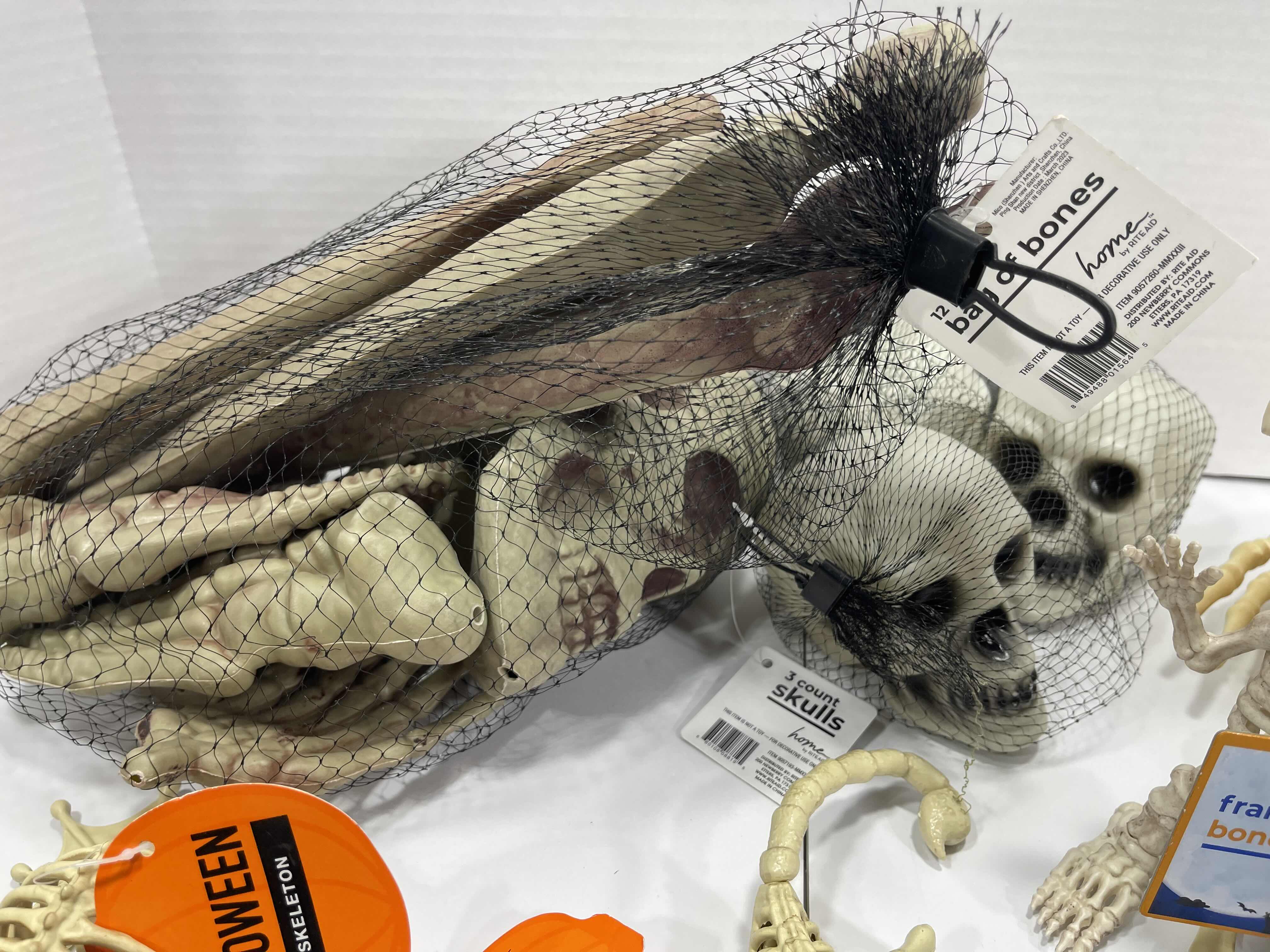 Photo 1 of HALLOWEEN FROG SKELETON LIGHT-UP, ANIMATED MONKEY, MINI SKELETONS SKULLS & BAG OF BONES YARD/HOME DECORATIONS (7 ITEMS) MSRP $100