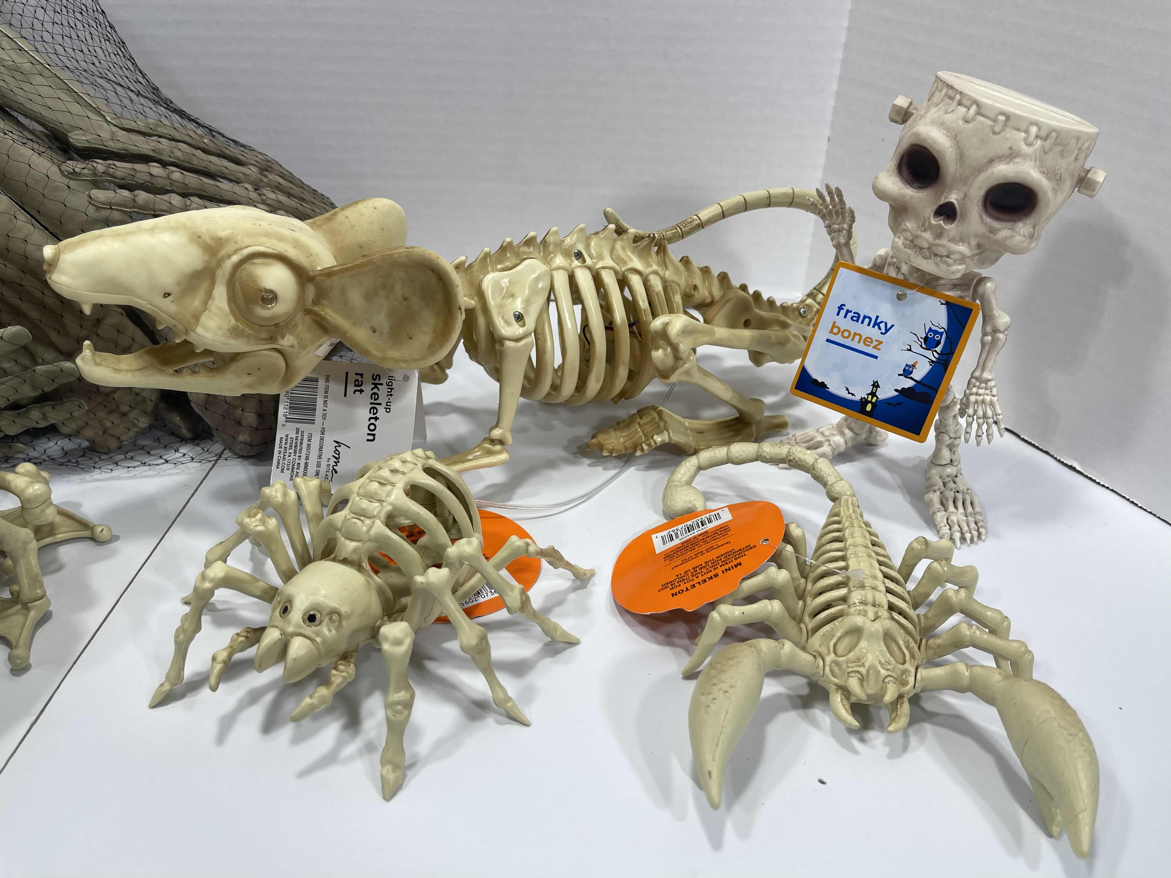 Photo 1 of HALLOWEEN RAT SKELETON LIGHT-UP, 12PCS BAG OF BONES, MINI SKELETONS & SKUKLS YARD/HOME DECORATIONS (7 ITEMS) MSRP $90