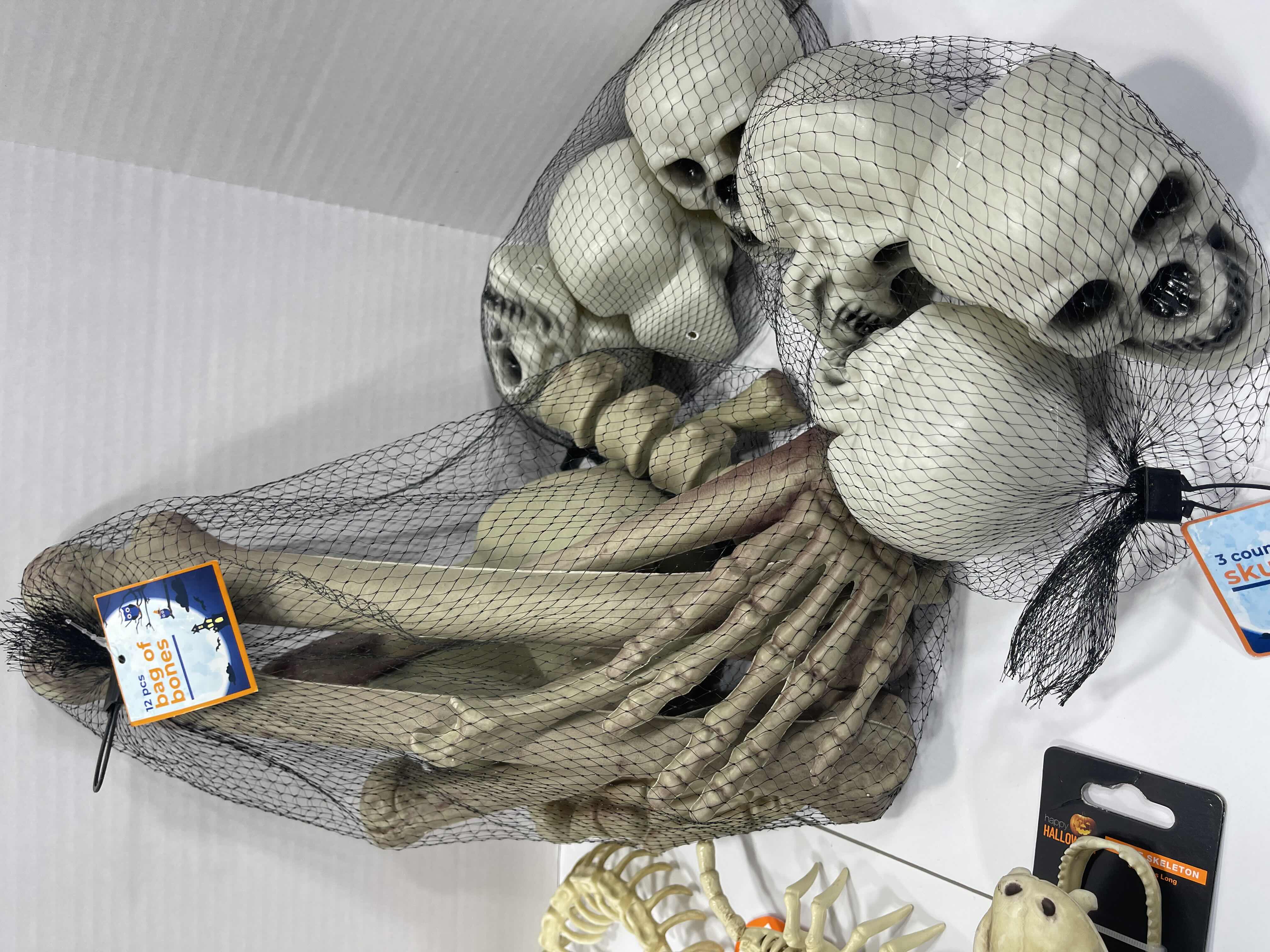 Photo 1 of HALLOWEEN SNAKE SKELETON 36”, 12PCS BAG OF BONES, MINI SKELETONS & SKUKLS YARD/HOME DECORATIONS (7 ITEMS) MSRP $90