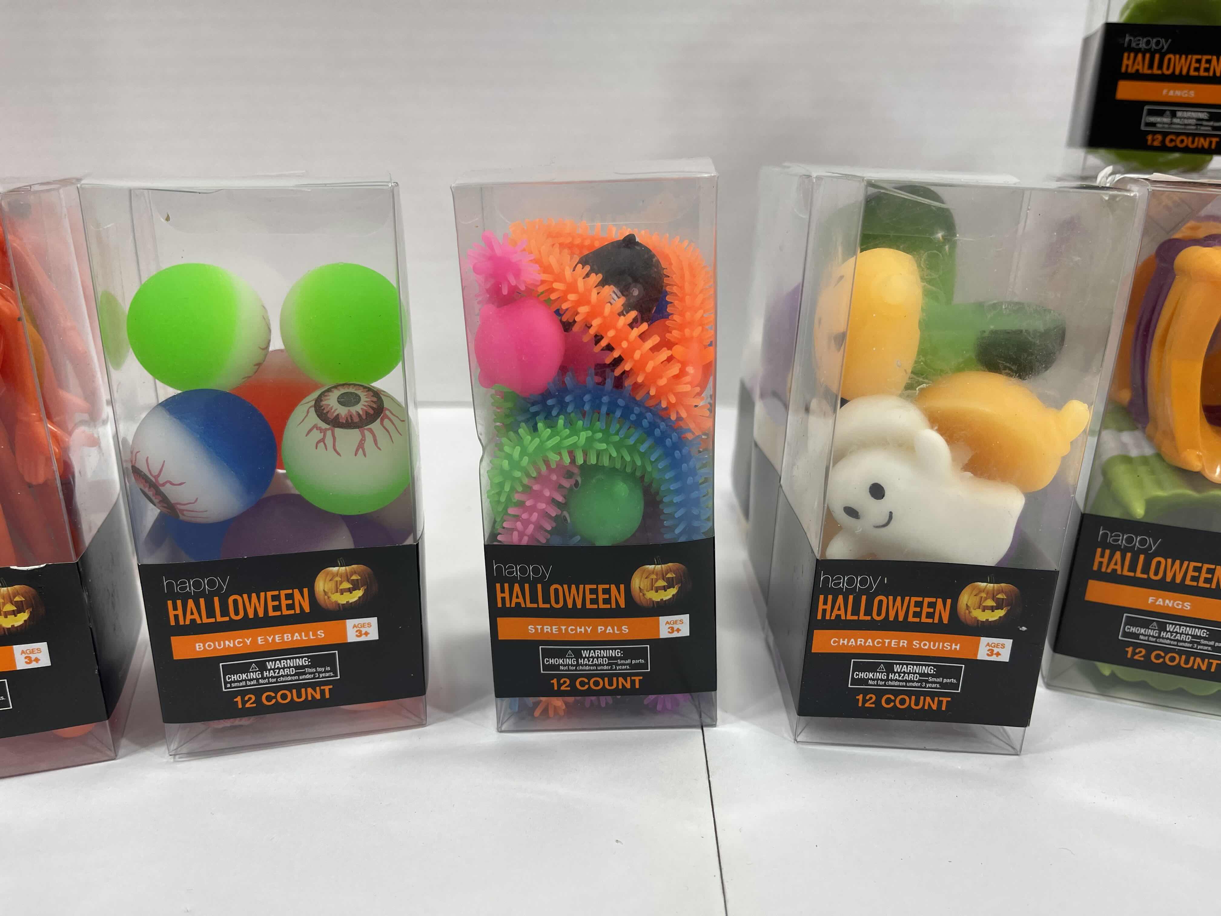 Photo 1 of HAPPY HALLOWEEN BOXES OF SMALL HALLOWEEN TOYS (33 BOXES) - FANGS (16), BENDY FIGS (12), CHARACTER SQUISH (3), BOUNCY BALLS (1) & STRETCHY PALS (1) MSRP $60