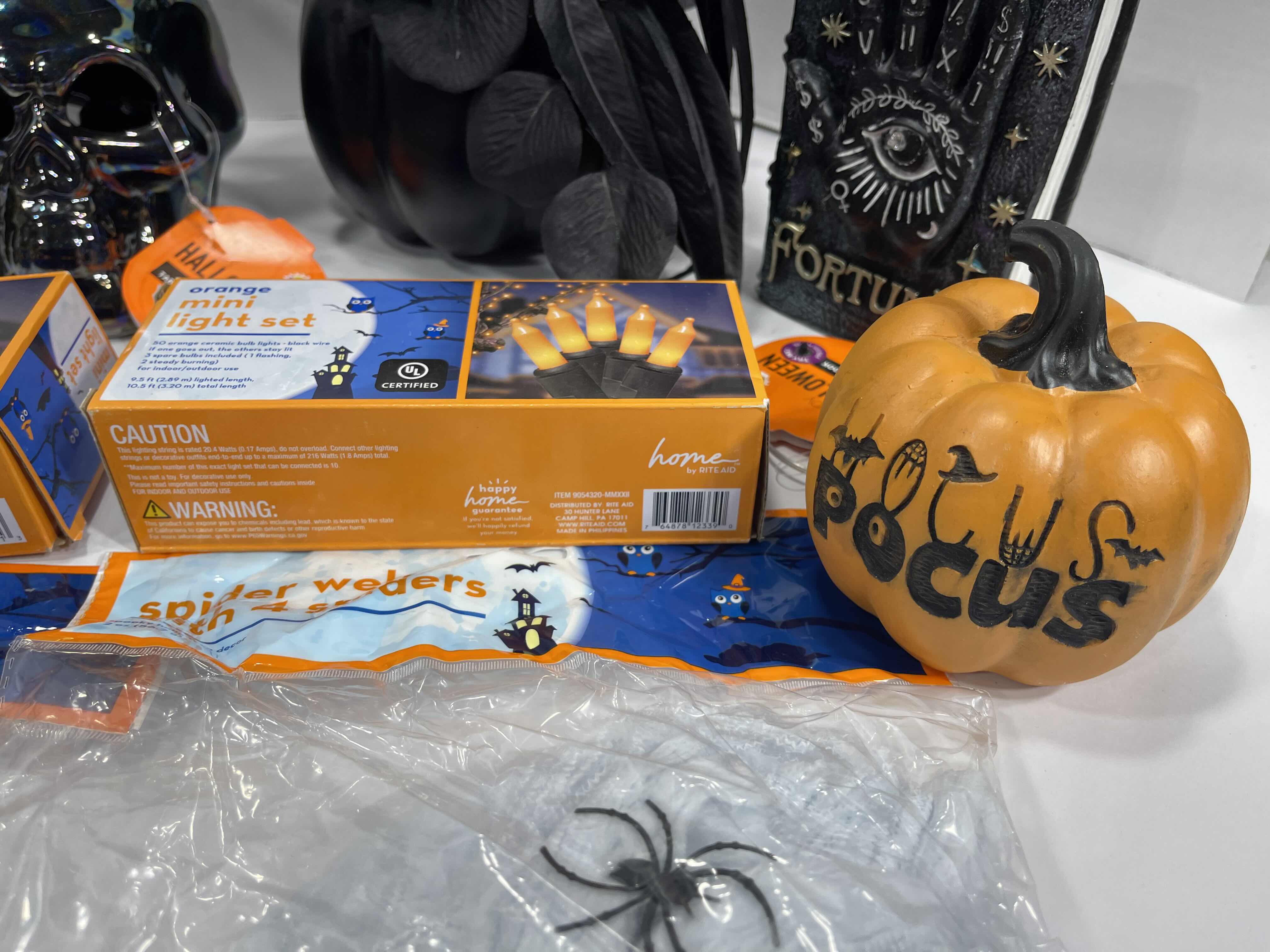 Photo 1 of HALLOWEEN HOME TABLE TOP DECOR (14 ITEMS) -  SPIDER WEBS, LIGHT SETS, GLASS BOTTLE, RAVEN WATER-GLOBE, RESIN DECOR ETC MSRP $100