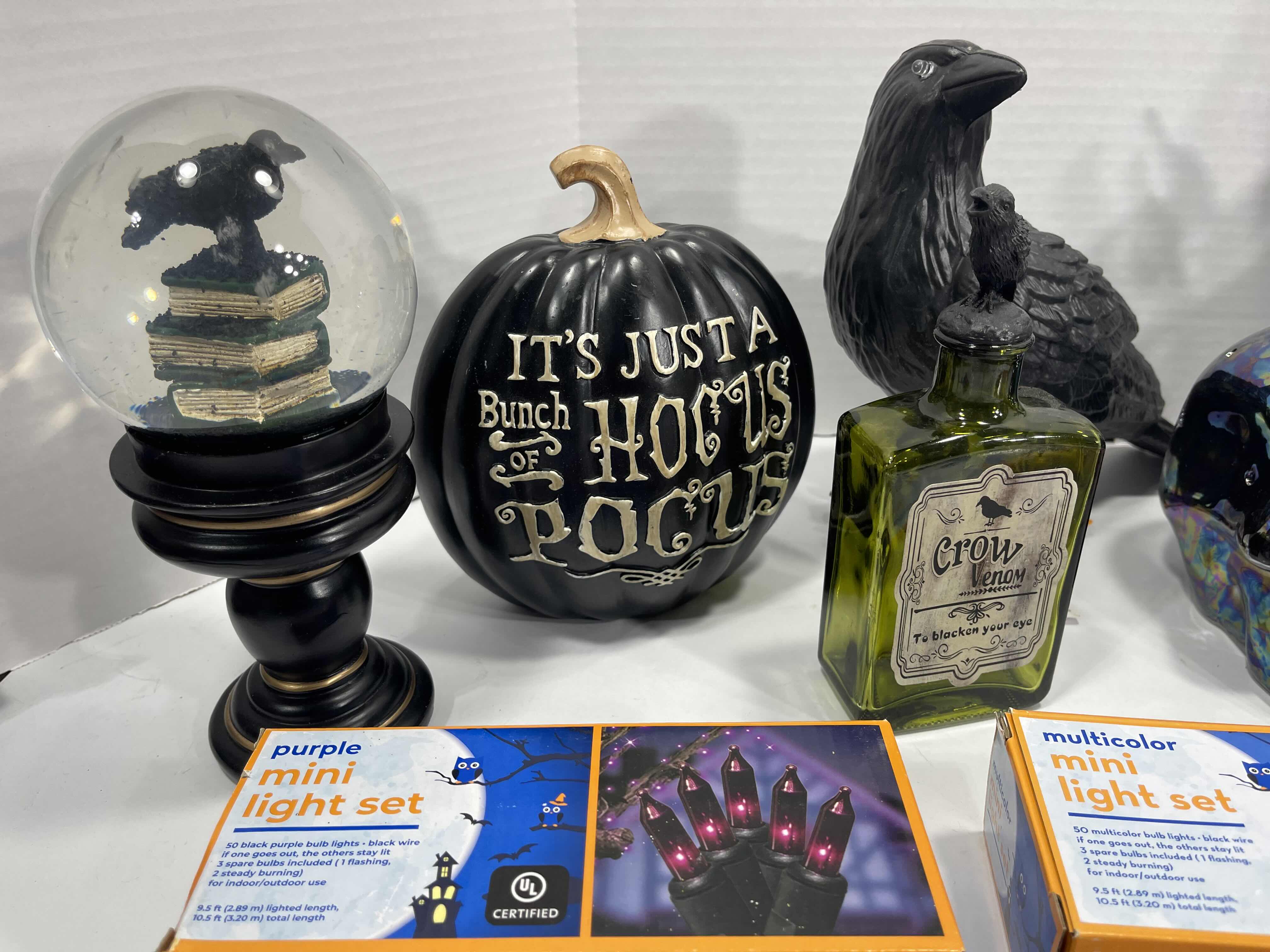 Photo 1 of HALLOWEEN HOME TABLE TOP DECOR (14 ITEMS) -  SPIDER WEBS, LIGHT SETS, GLASS BOTTLE, RAVEN WATER-GLOBE, RESIN DECOR ETC MSRP $100
