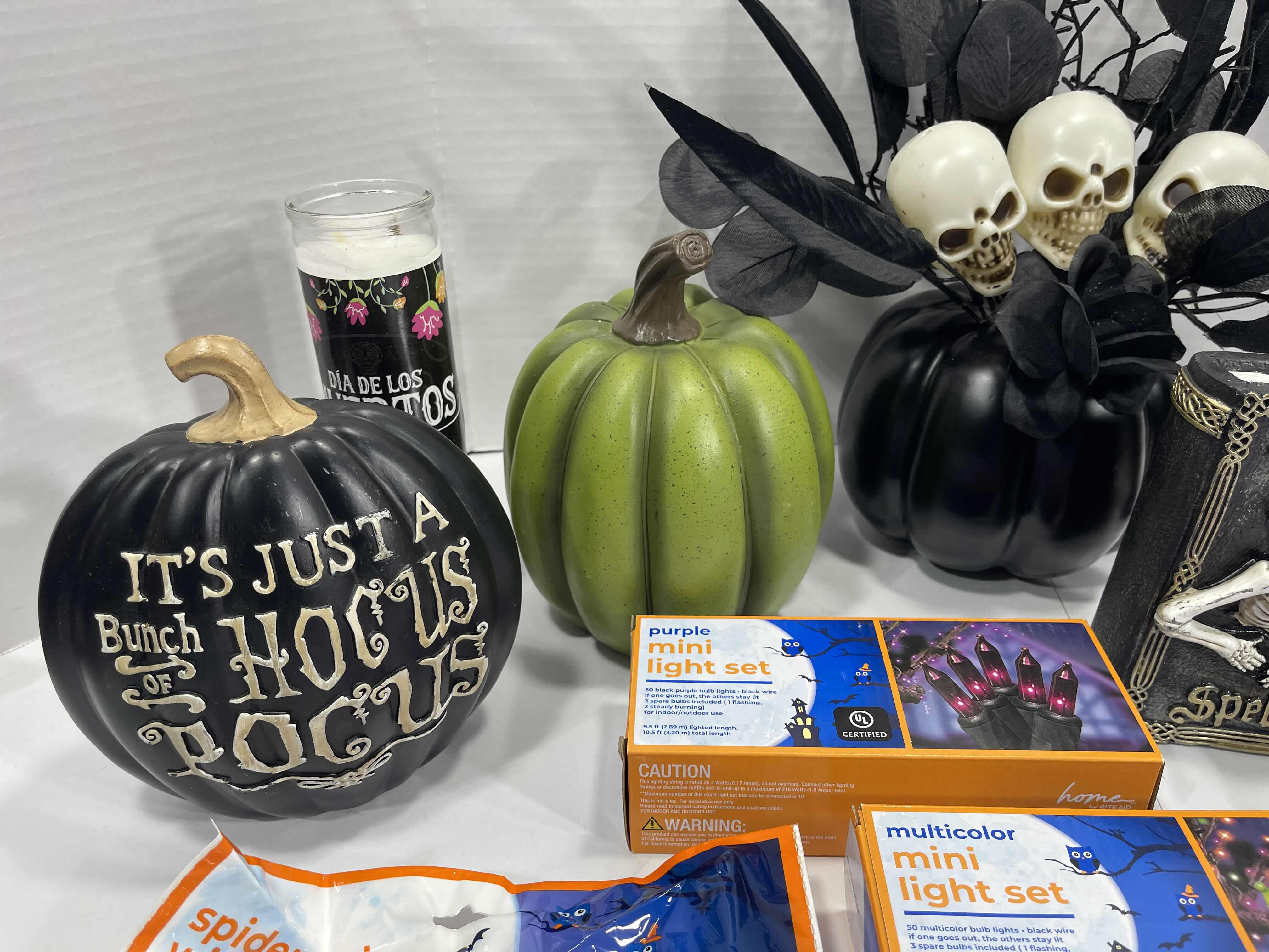 Photo 1 of HALLOWEEN HOME TABLE TOP DECOR (14 ITEMS) -  SPIDER WEBS, LIGHT SETS, GLASS BOTTLE, RAVEN WATER-GLOBE, RESIN DECOR ETC MSRP $100