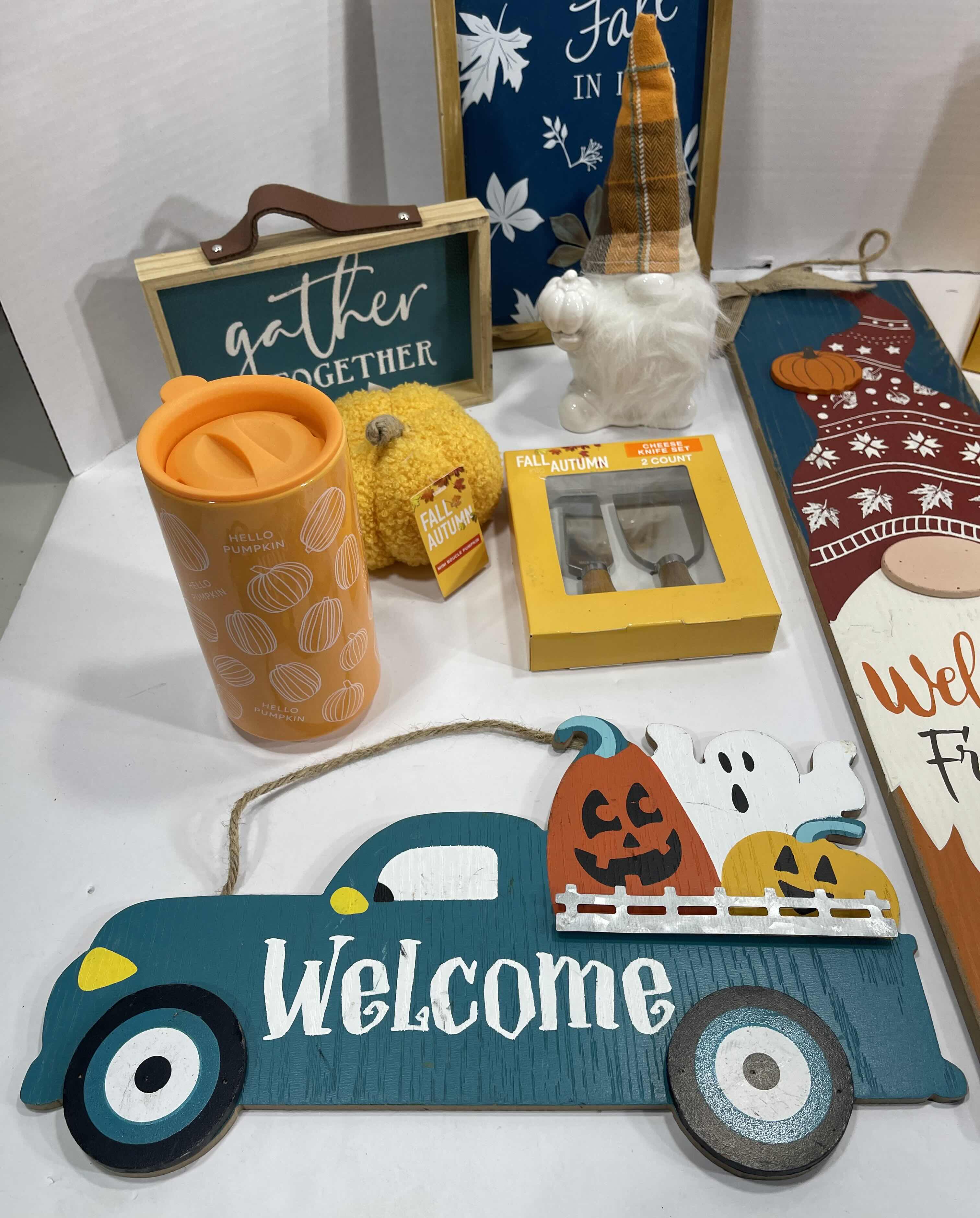 Photo 1 of FALL AUTUMN HOME DECOR (15 ITEMS) - WOOD SIGNS, GARLAND SETS, MINI BOUCLE PUMPKINS, CHEESE KNIFE SET & CERAMIC GNOMES, TRAVEL CUP AND PUMPKIN MSRP $100