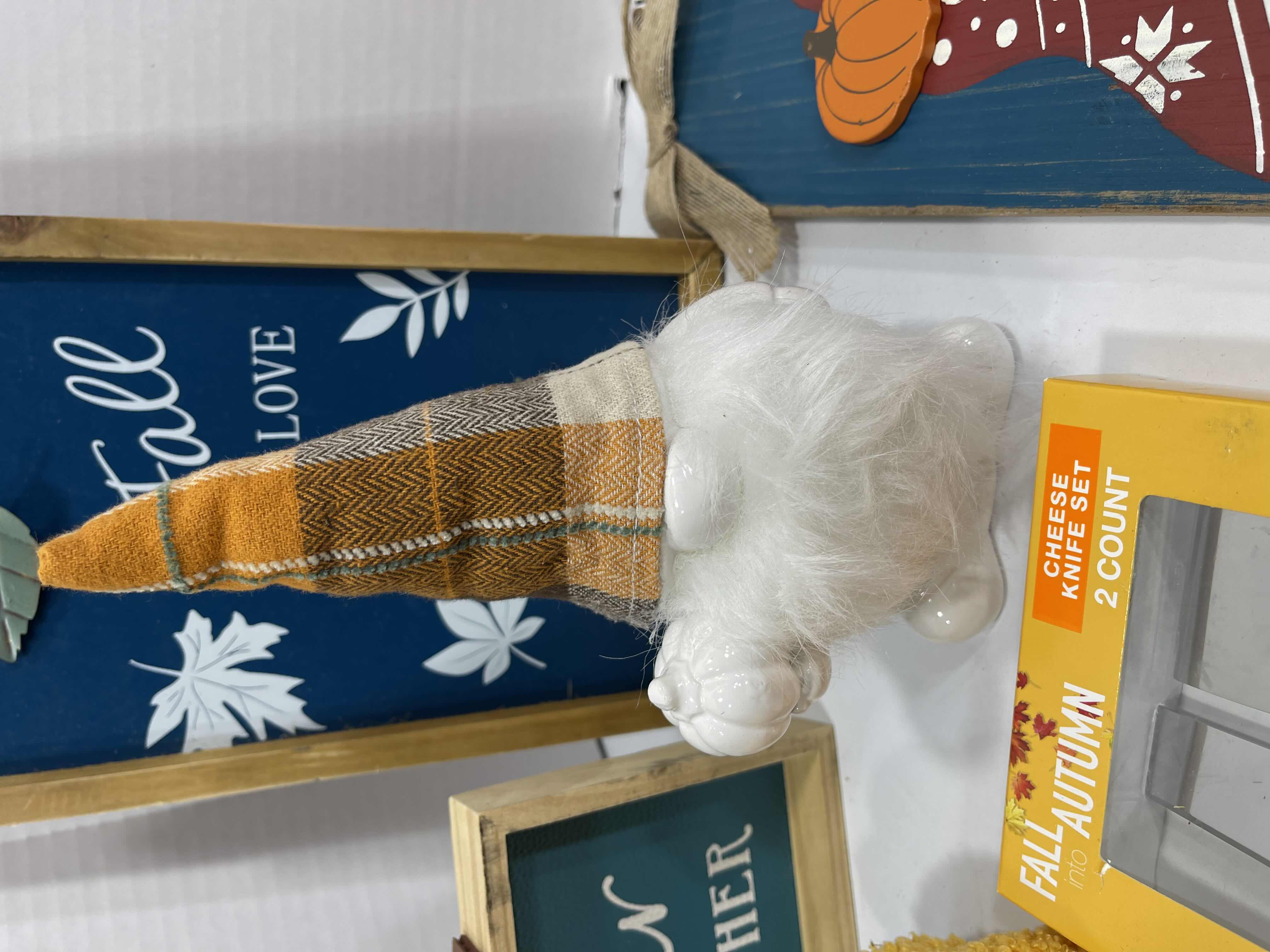 Photo 1 of FALL AUTUMN HOME DECOR (15 ITEMS) - WOOD SIGNS, GARLAND SETS, MINI BOUCLE PUMPKINS, CHEESE KNIFE SET & CERAMIC GNOMES, TRAVEL CUP AND PUMPKIN MSRP $100