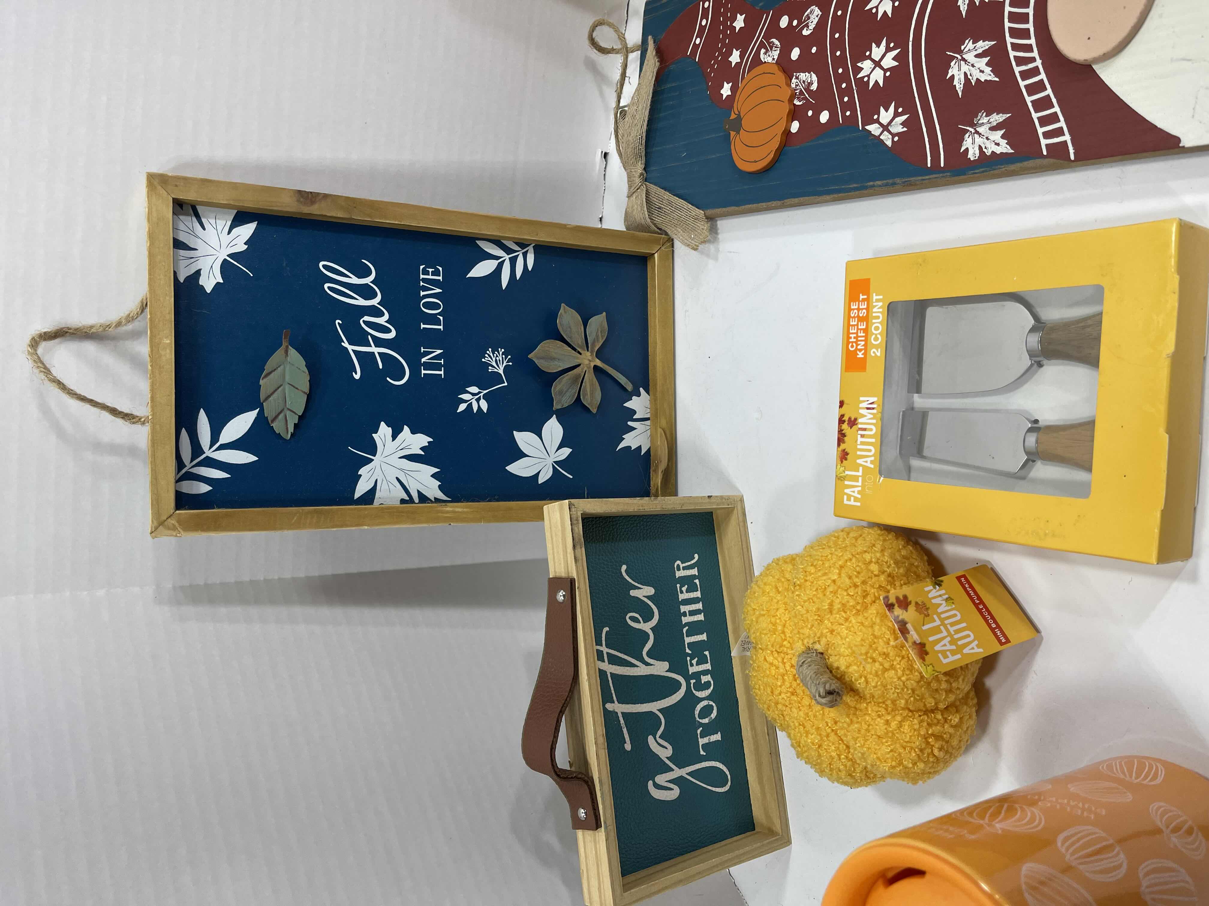 Photo 1 of FALL AUTUMN HOME DECOR (15 ITEMS) - WOOD SIGNS, GARLAND SETS, MINI BOUCLE PUMPKINS, CHEESE KNIFE SET & CERAMIC GNOMES, TRAVEL CUP AND PUMPKIN MSRP $100