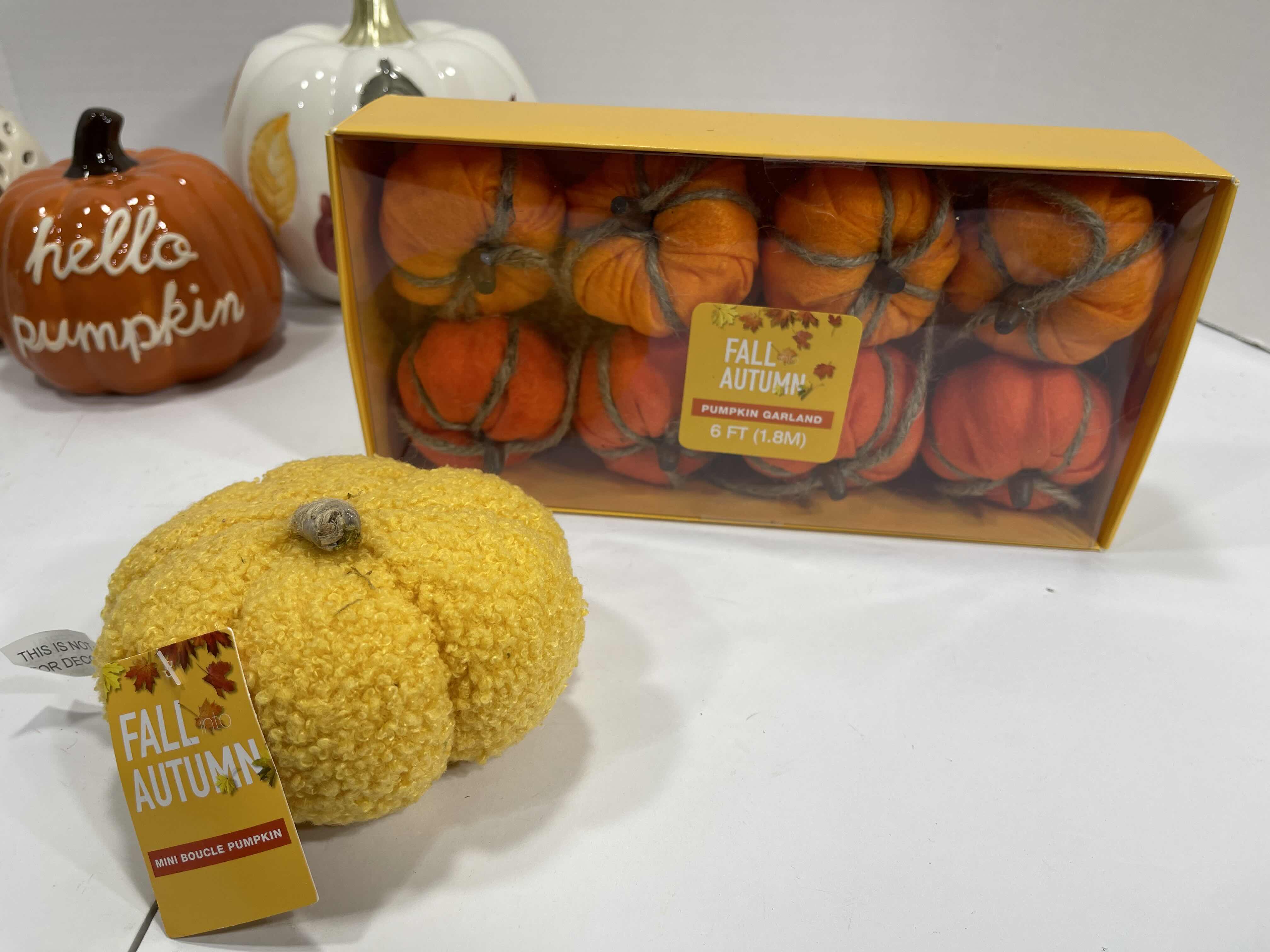 Photo 1 of HOLIDAY CERAMIC PUMPKINS (6) TALLEST 6.5” & AUTUMN FALL HOME DECOR - PUMPKIN GARLAND AND MINI BOUCLE PUMPKIN MSRP $70