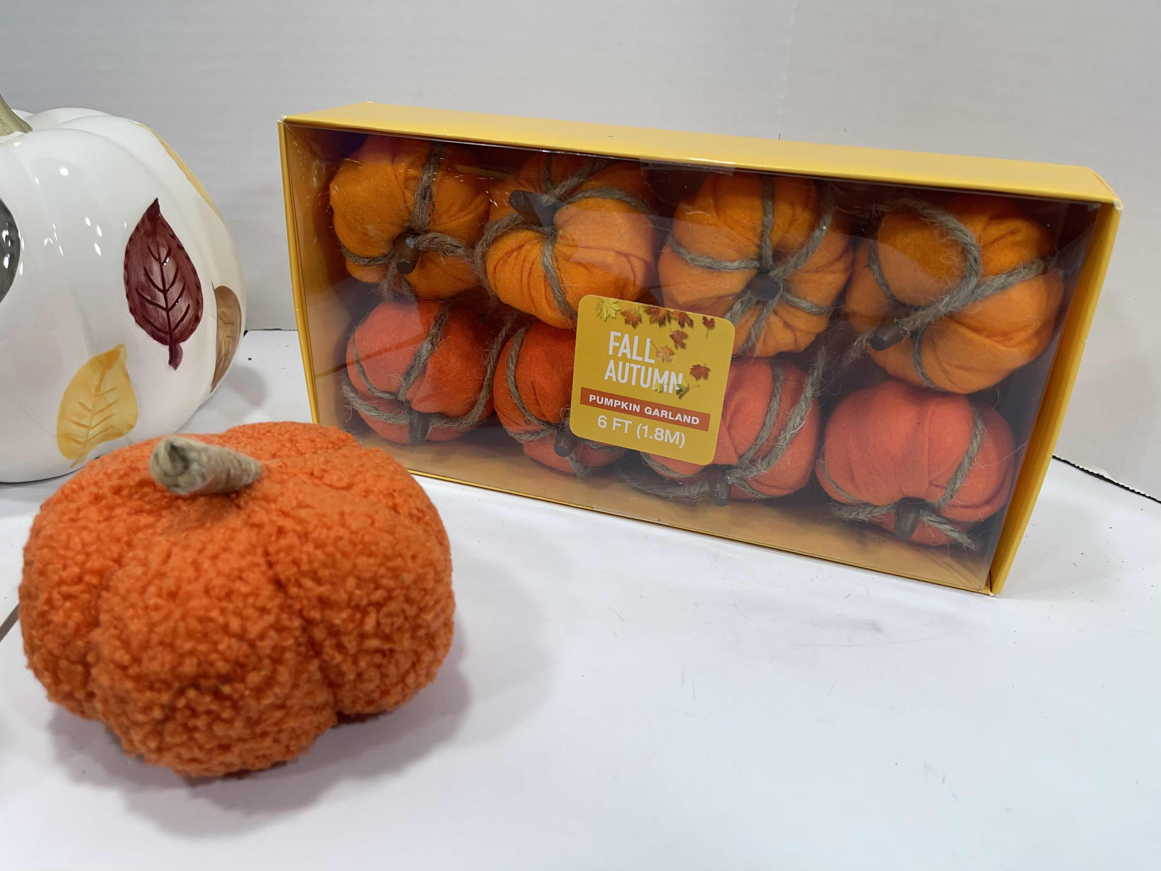 Photo 1 of HOLIDAY CERAMIC PUMPKINS (6) TALLEST 6.5” & AUTUMN FALL HOME DECOR - PUMPKIN GARLAND AND MINI BOUCLE PUMPKIN MSRP $70
