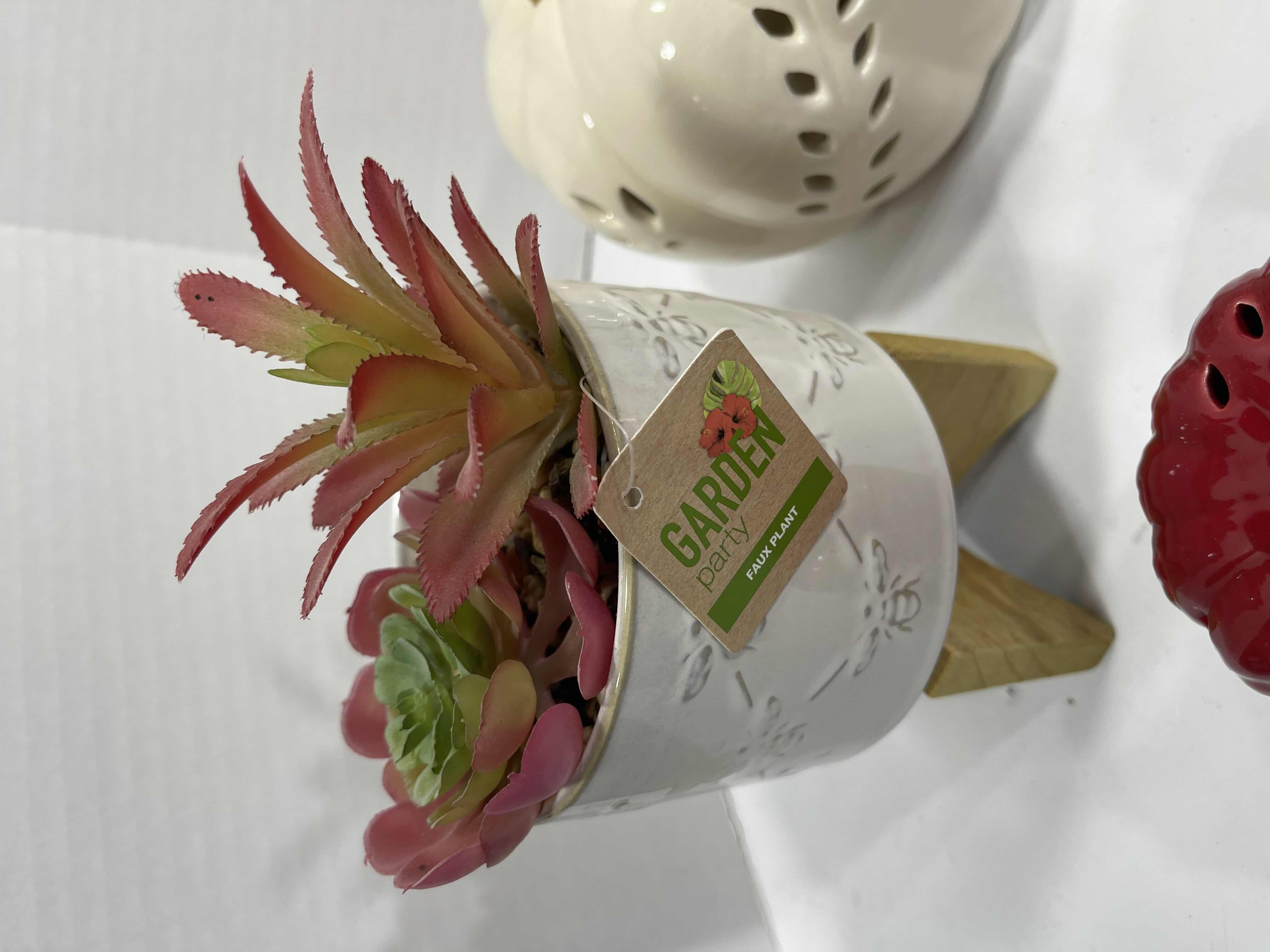 Photo 1 of HOLIDAY CERAMIC PUMPKINS (6) TALLEST 6.5”, GARDEN PARTY FAUX PLANT H8” & AUTUMN FALL HOME DECOR - PUMPKIN GARLAND AND CHEESE KNIFE SET MSRP $90