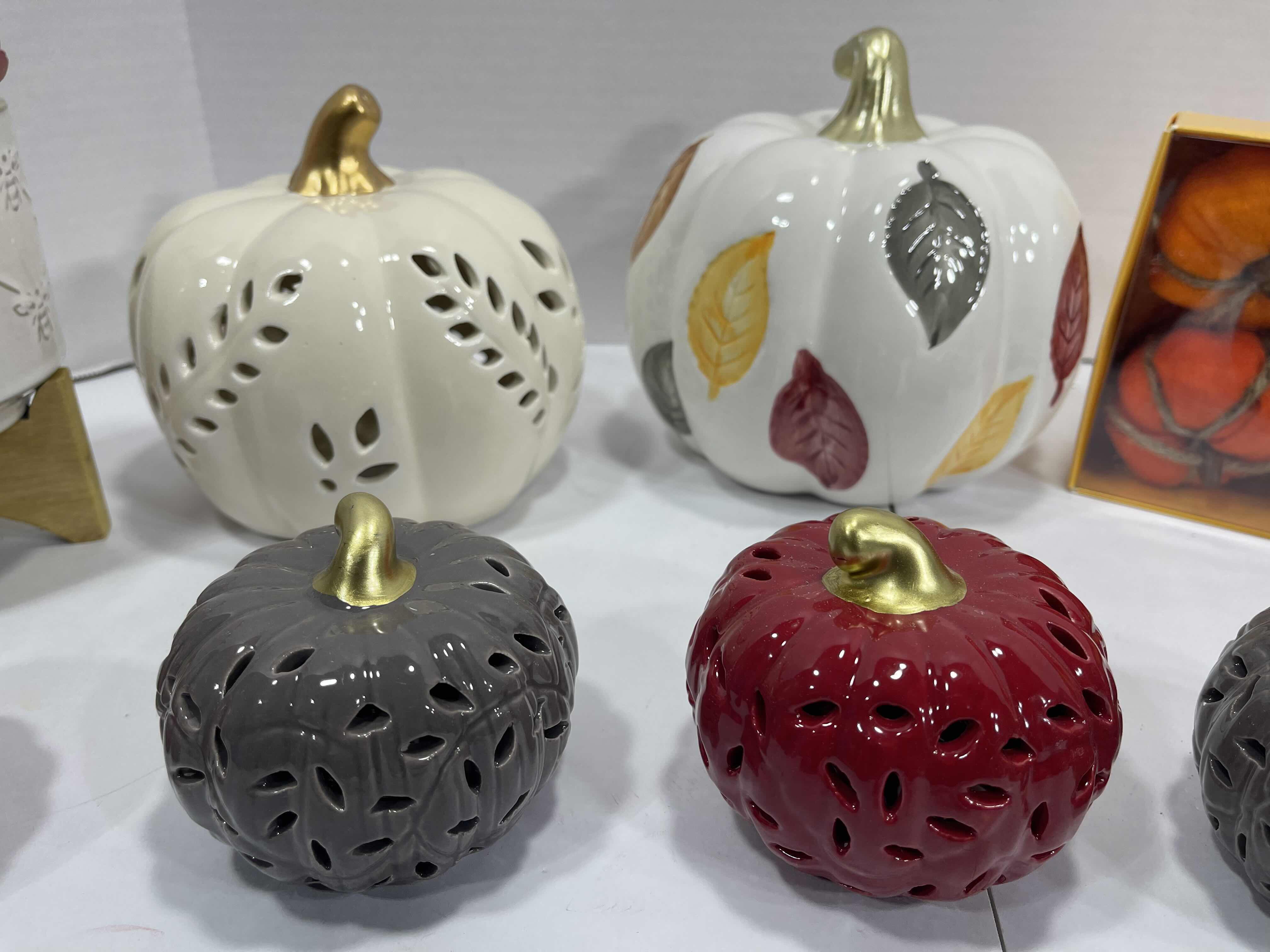 Photo 6 of HOLIDAY CERAMIC PUMPKINS (6) TALLEST 6.5”, HALLOWEEN DOG DECOR H5.5” & AUTUMN FALL HOME DECOR - PUMPKIN GARLAND AND CHEESE KNIFE SET MSRP $80
