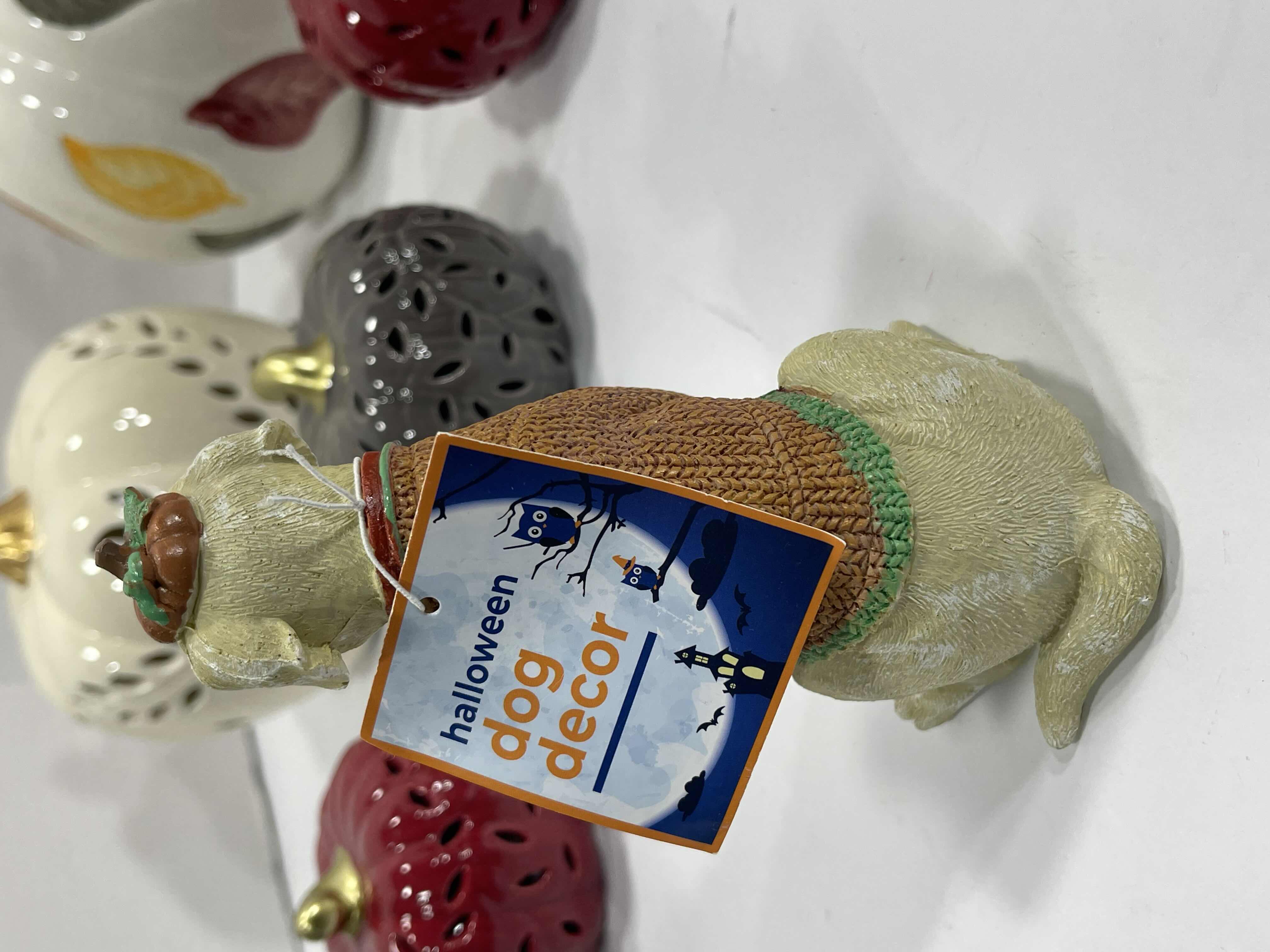 Photo 1 of HOLIDAY CERAMIC PUMPKINS (6) TALLEST 6.5”, HALLOWEEN DOG DECOR H5.5” & AUTUMN FALL HOME DECOR - PUMPKIN GARLAND AND CHEESE KNIFE SET MSRP $80