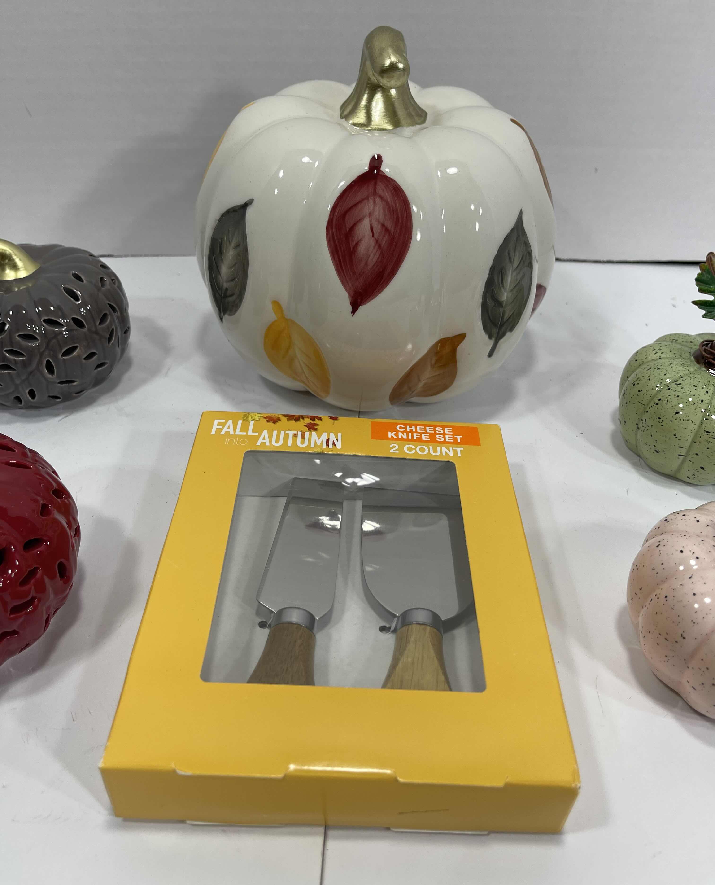 View 4 of AUTUMN CERAMIC PUMPKINS (8) TALLEST 6.5” & CHEESE KNIFE SET MSRP $70