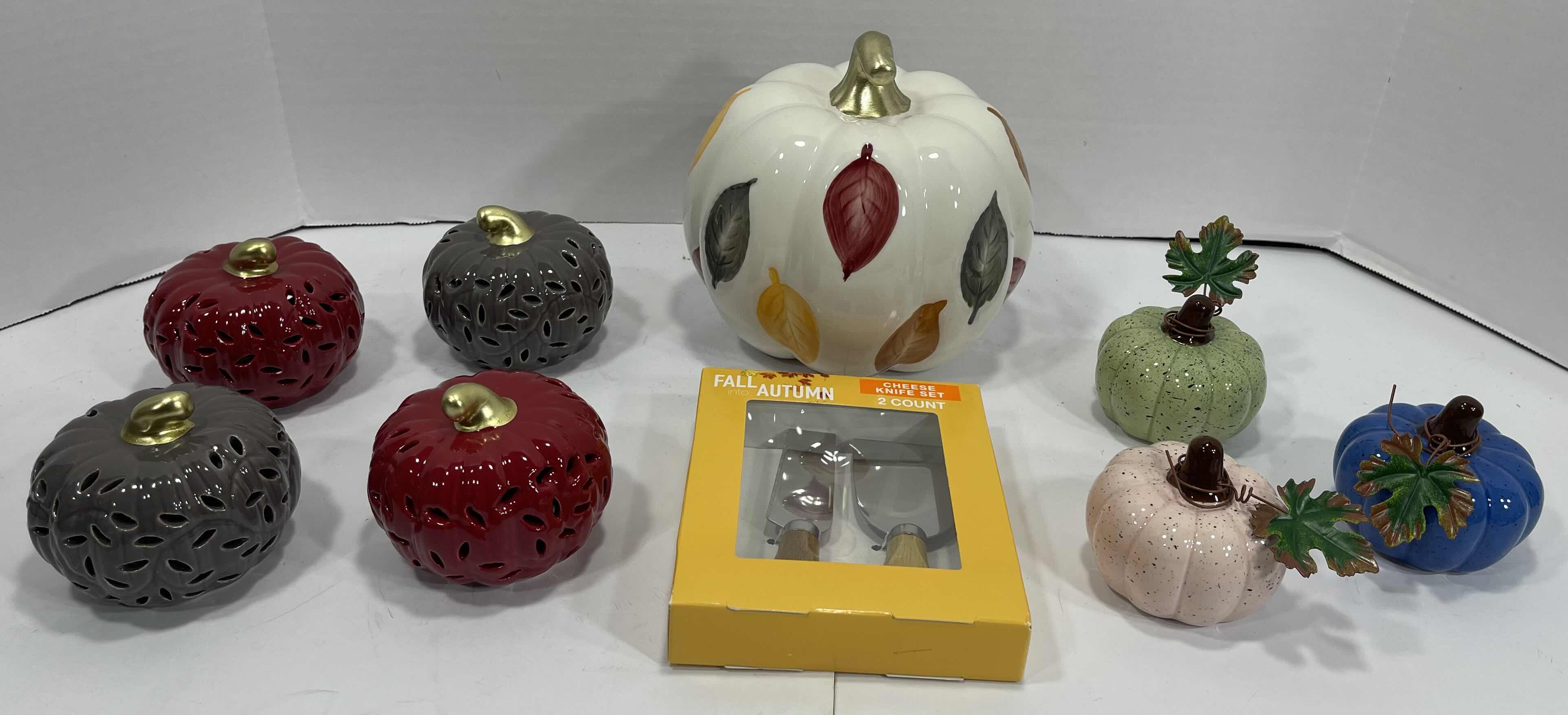 View 1 of AUTUMN CERAMIC PUMPKINS (8) TALLEST 6.5” & CHEESE KNIFE SET MSRP $70