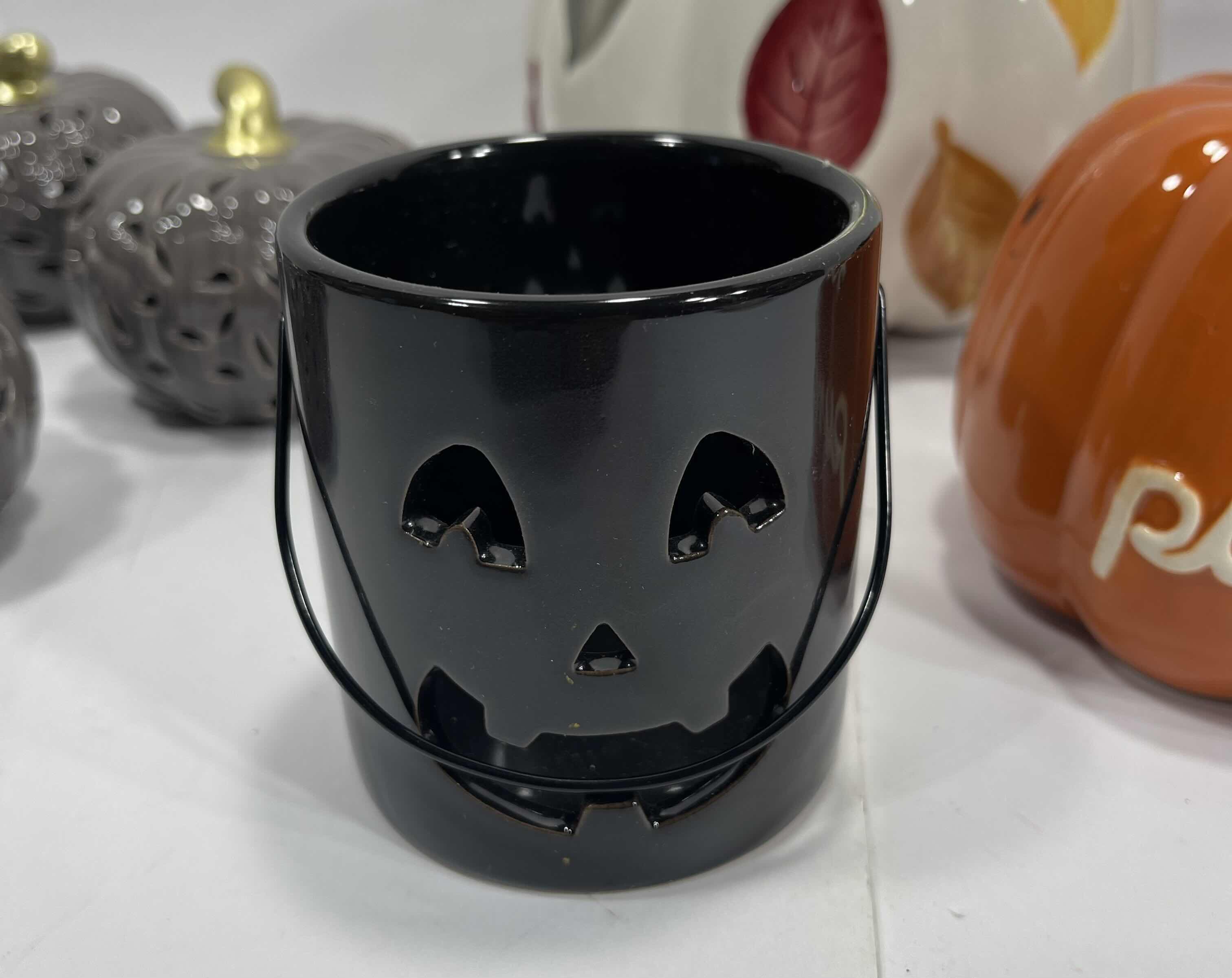 Photo 1 of AUTUMN HOLIDAY CERAMIC PUMPKINS (8) TALLEST 6.5” & BLACK CERAMIC TEA LIGHT HOLDER MSRP $85