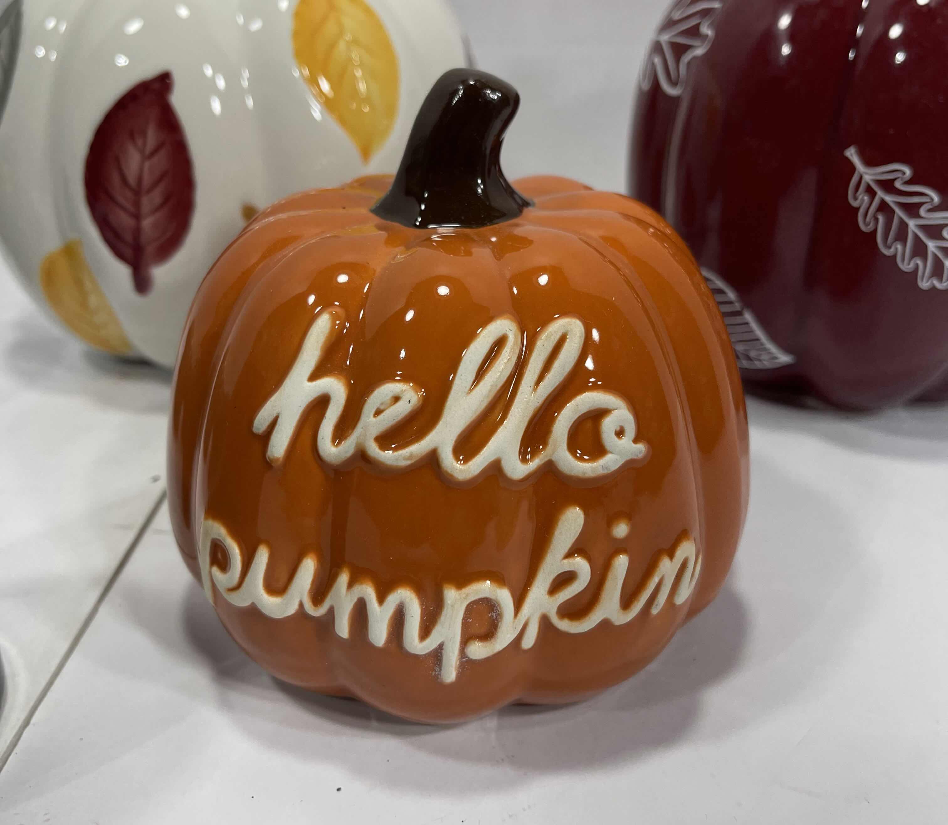 Photo 1 of AUTUMN HOLIDAY CERAMIC PUMPKINS (8) TALLEST 6.5” & BLACK CERAMIC TEA LIGHT HOLDER MSRP $85