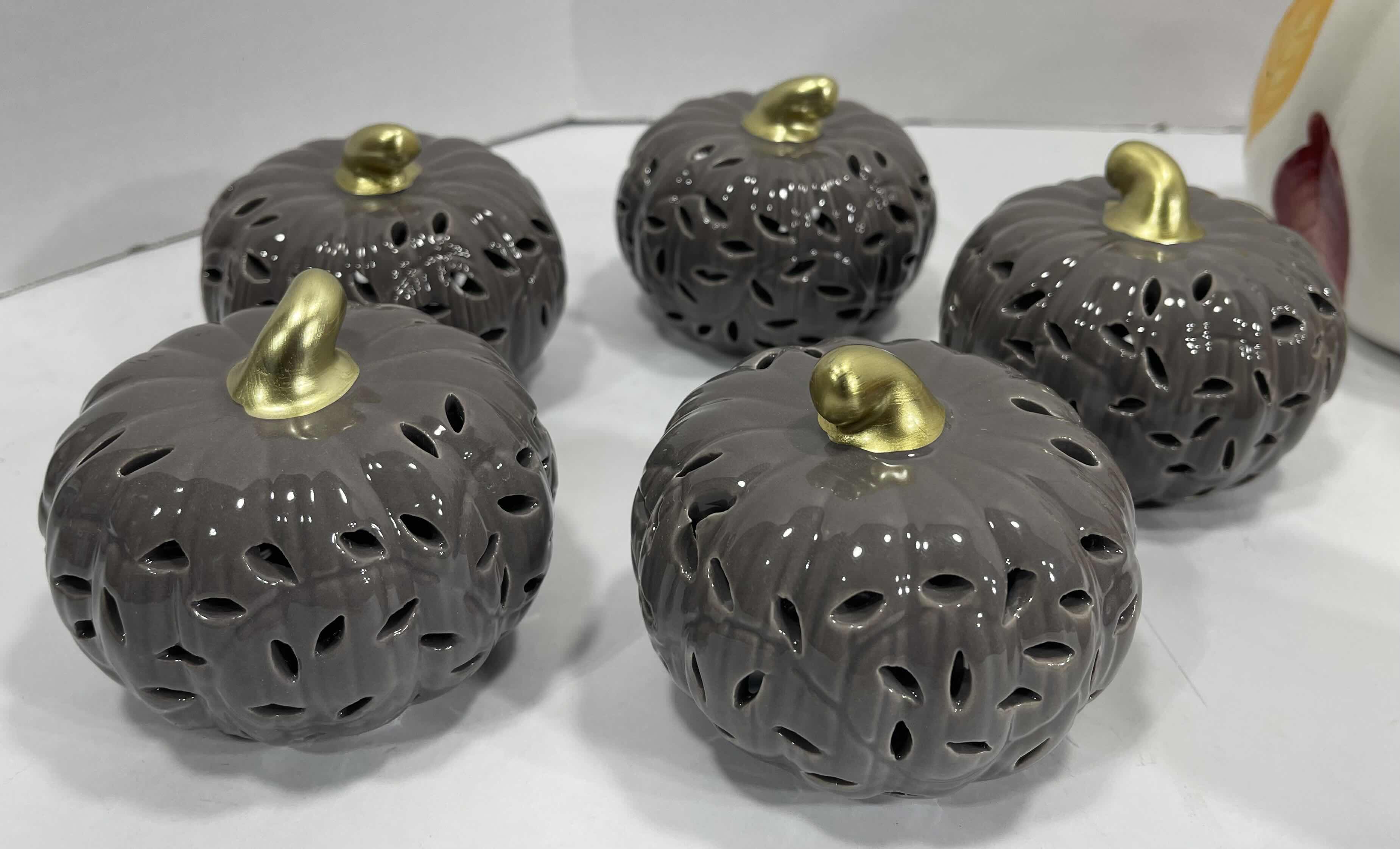 Photo 1 of AUTUMN HOLIDAY CERAMIC PUMPKINS (8) TALLEST 6.5” & BLACK CERAMIC TEA LIGHT HOLDER MSRP $85